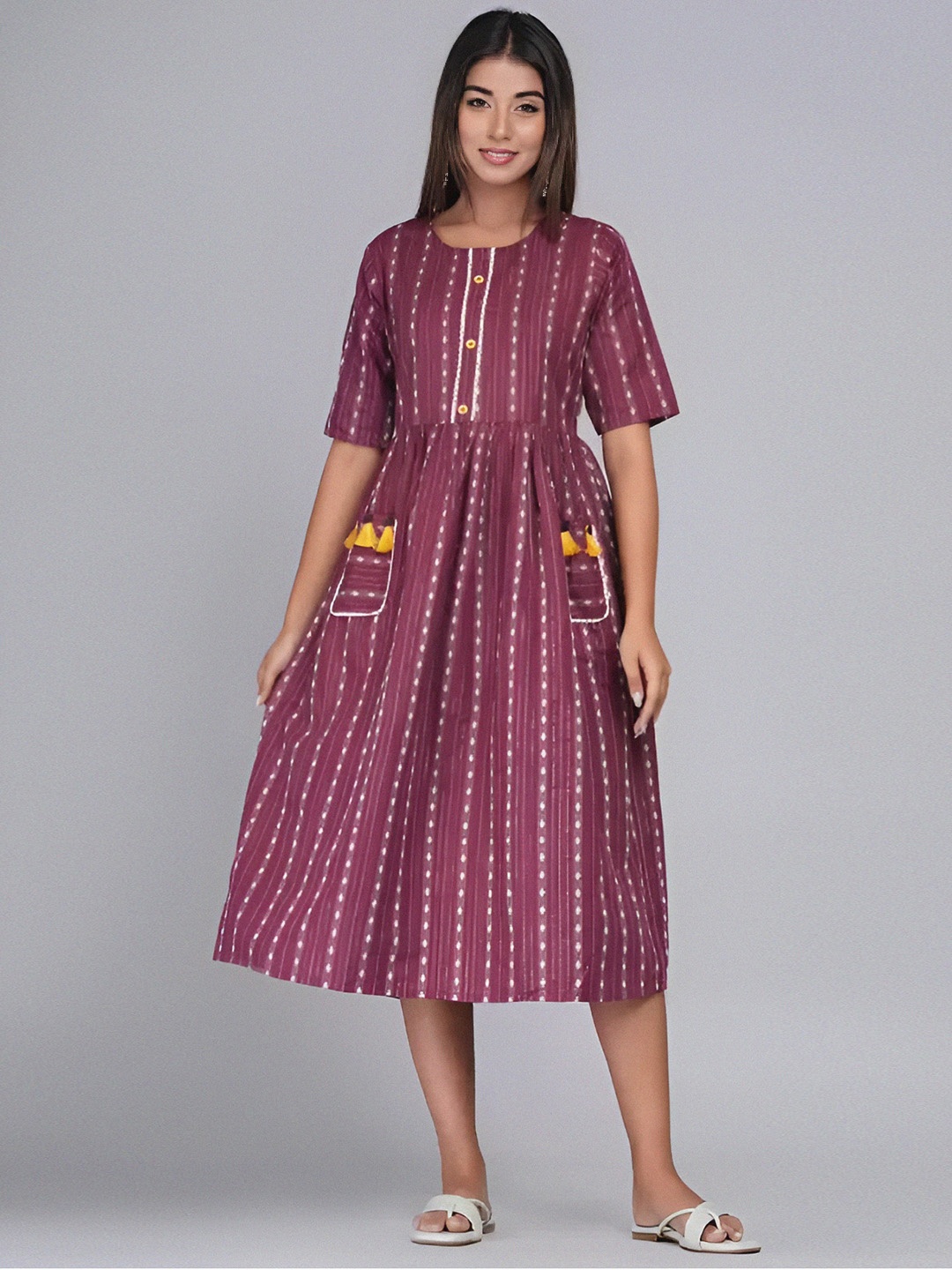 

KALINI Ethnic Motifs Printed Pure Cotton Fit & Flare Dress, Maroon