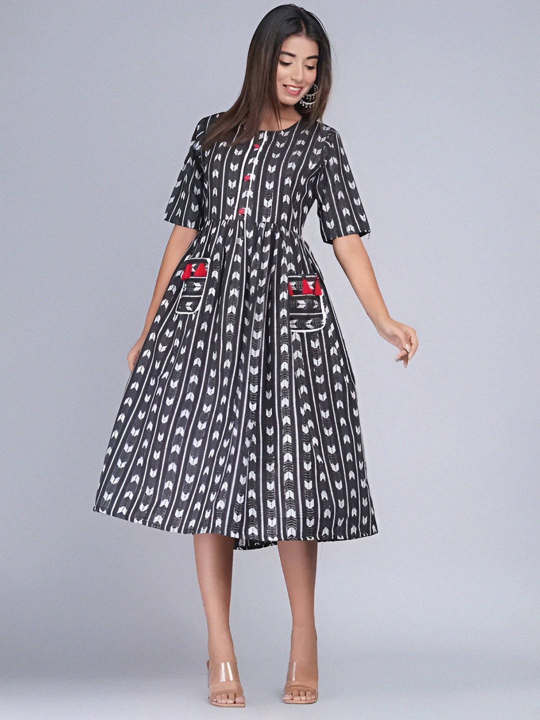

KALINI Ethnic Motifs Printed Pure Cotton Fit & Flare Dress, Black