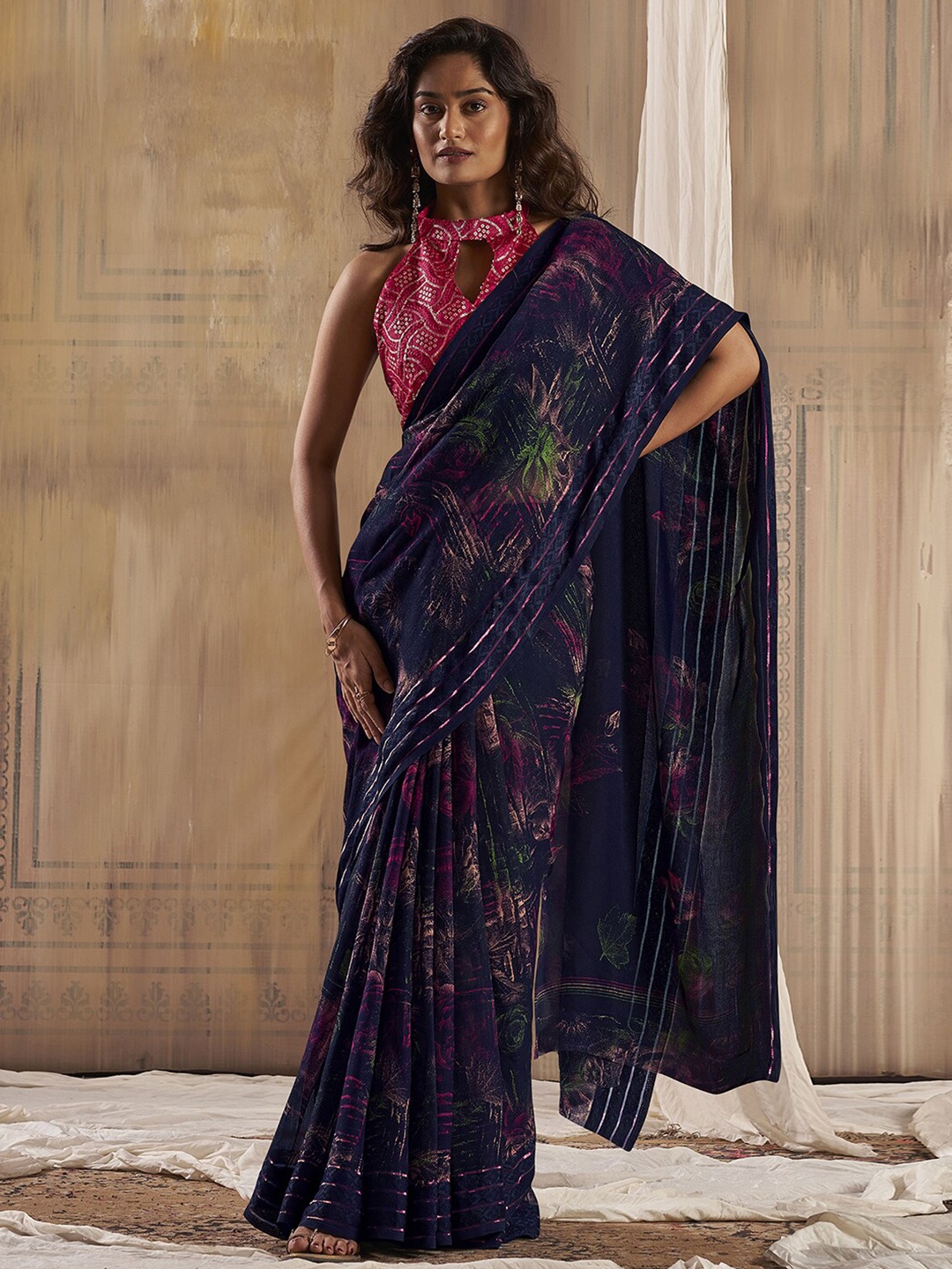

Satrani Floral Printed Zari Saree, Blue