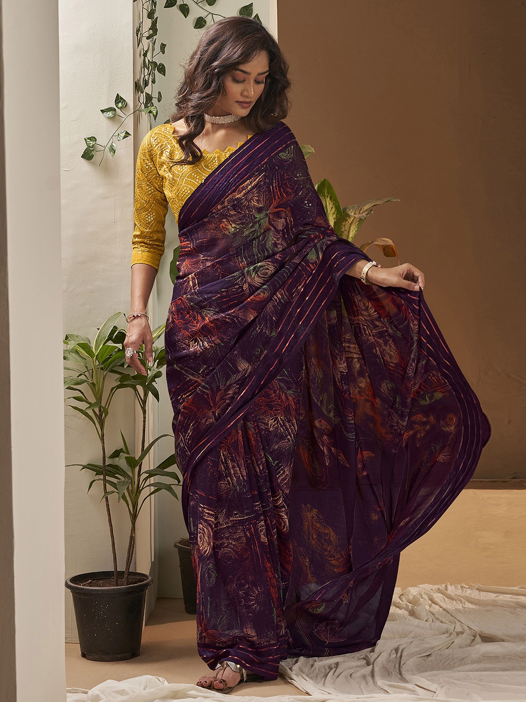Satrani Floral Printed Zari Saree, Purple