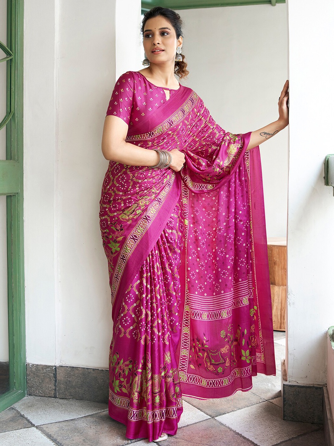 

Satrani Bandhani Printed Zari Silk Saree, Pink