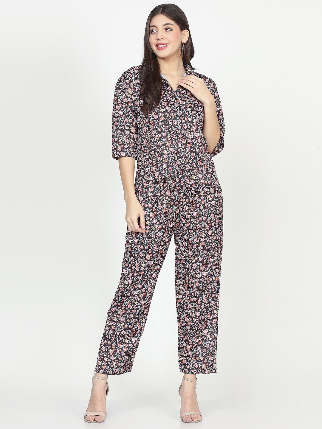 

Chanting Blue Linen Satin Low-High Floral Printed Shirt Styled Top & Trousers, Black