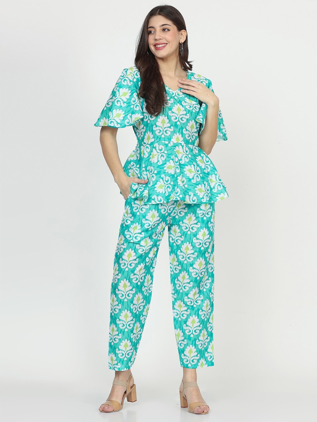 

Chanting Blue Muslin Bell sleeve Angrakha Top & Trousers