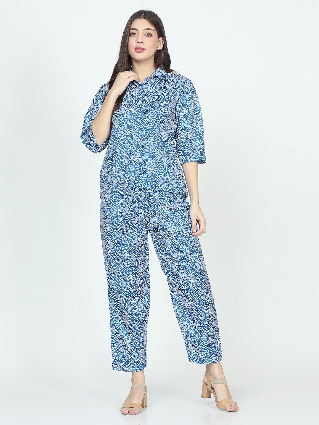 

Chanting Blue Linen Satin Low-High Shirt Top & Trousers