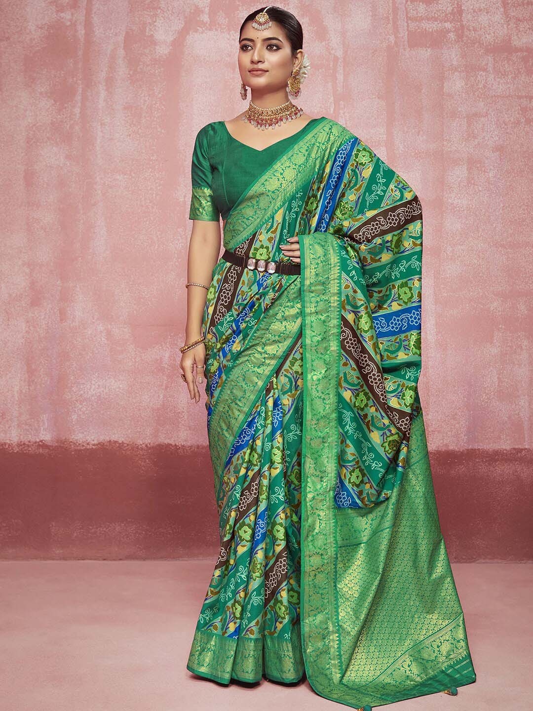 

Satrani Green & Blue Ethnic Motifs Printed Zari Pure Silk Sungudi Saree