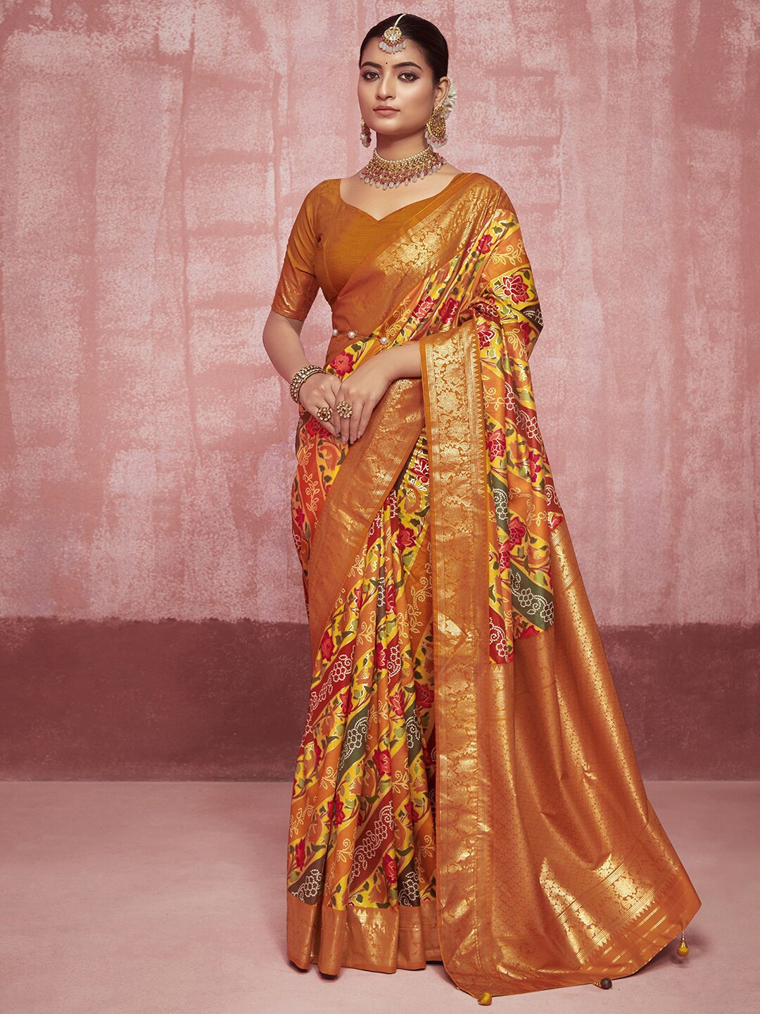 

Satrani Orange & Red Ethnic Motifs Zari Pure Silk Sungudi Saree