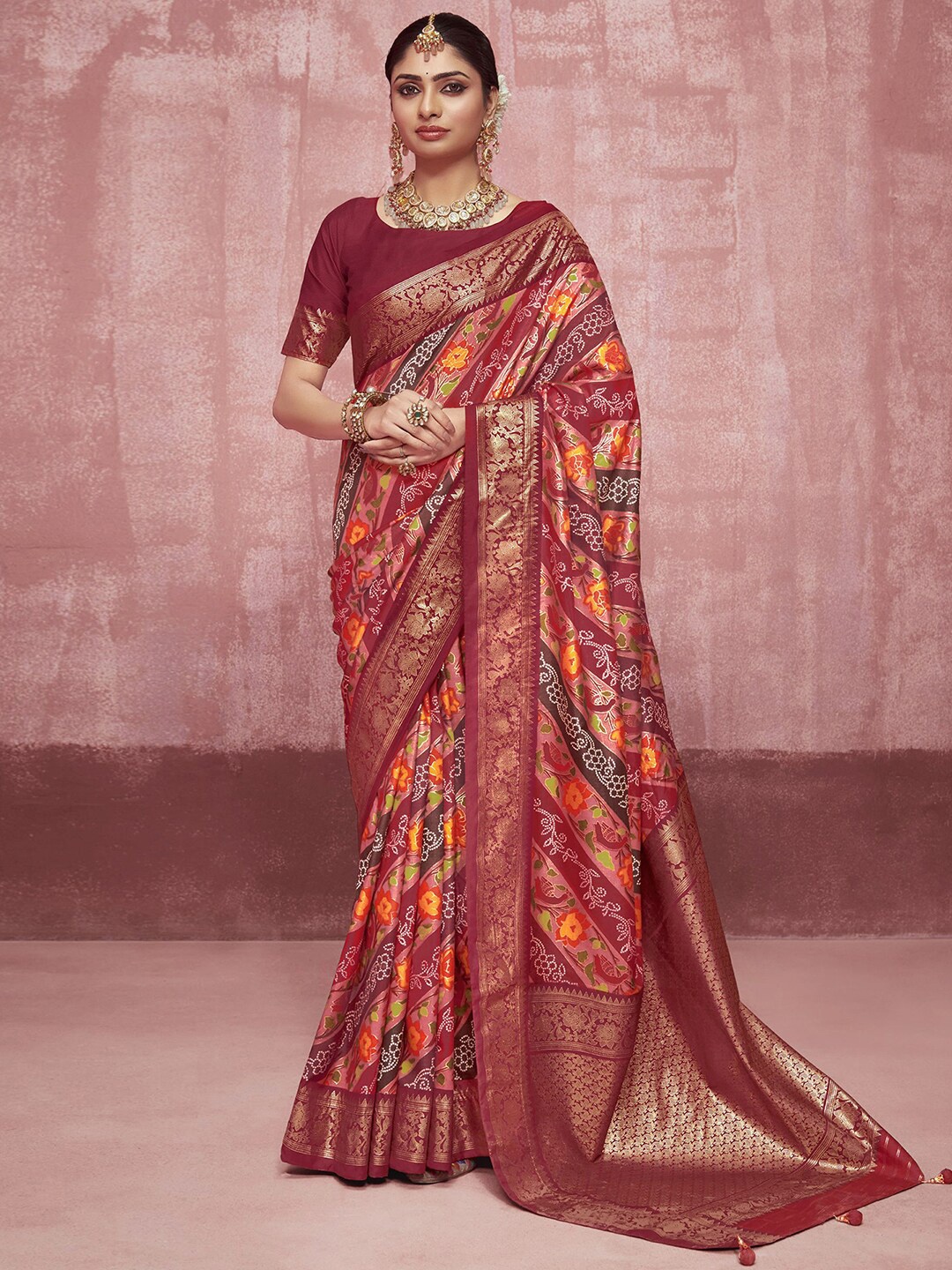 

Satrani Maroon & Orange Ethnic Motifs Zari Pure Silk Sungudi Saree