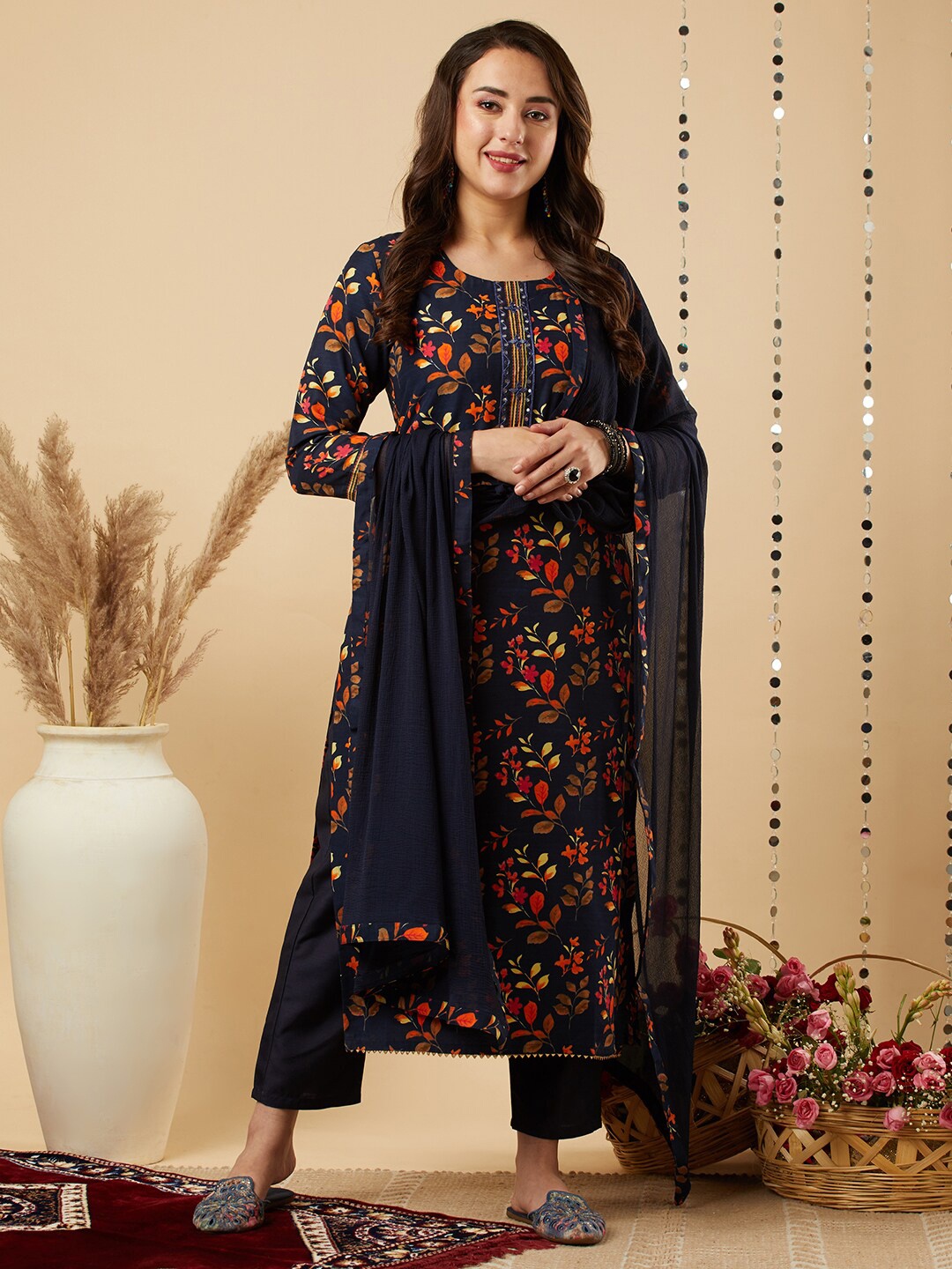

KALINI Floral Printed Regular Mirror Work Kurta With Trousers & Dupatta, Blue
