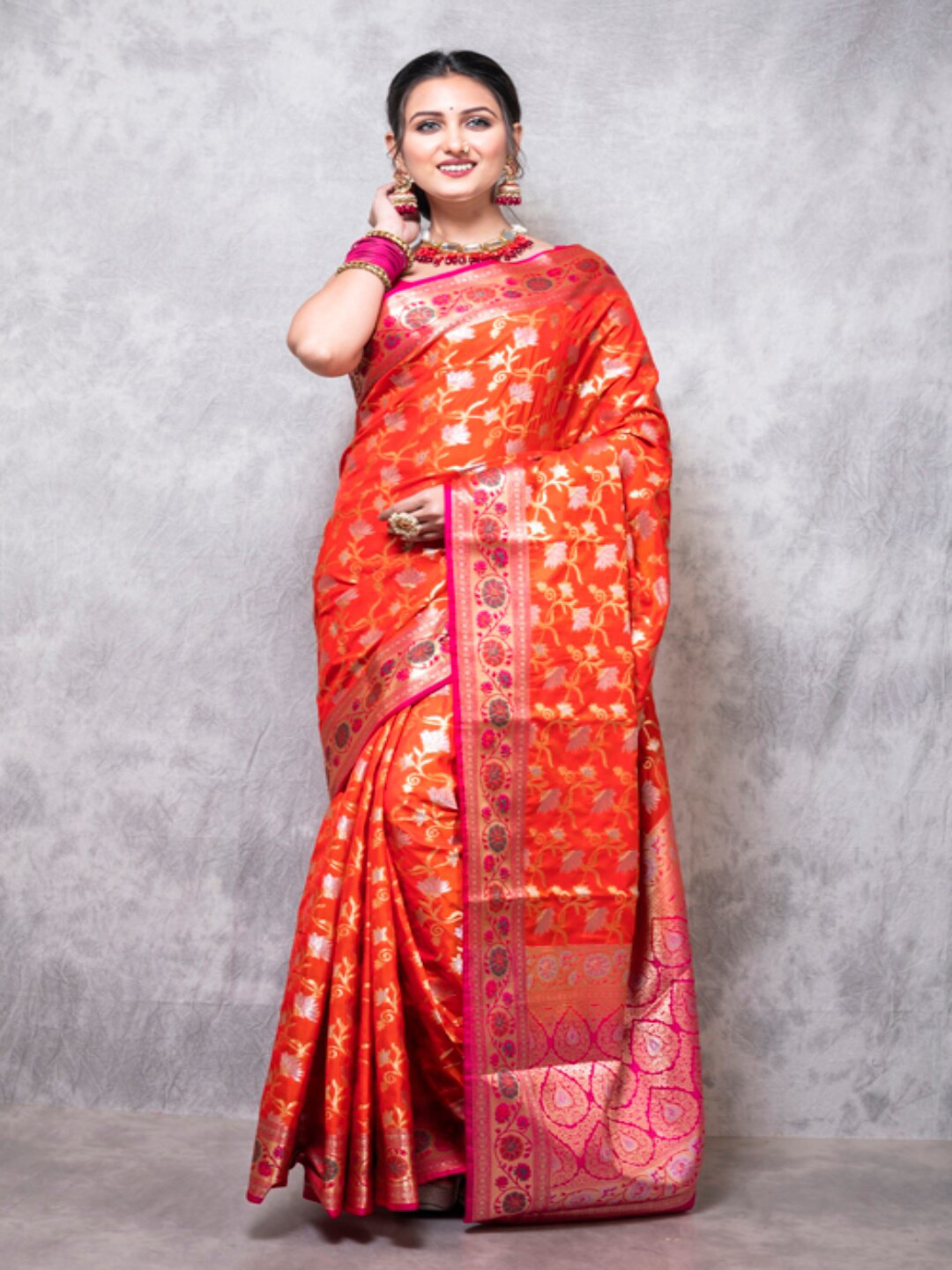 

Morchari Woven Design Zari Silk Cotton Banarasi Saree, Orange