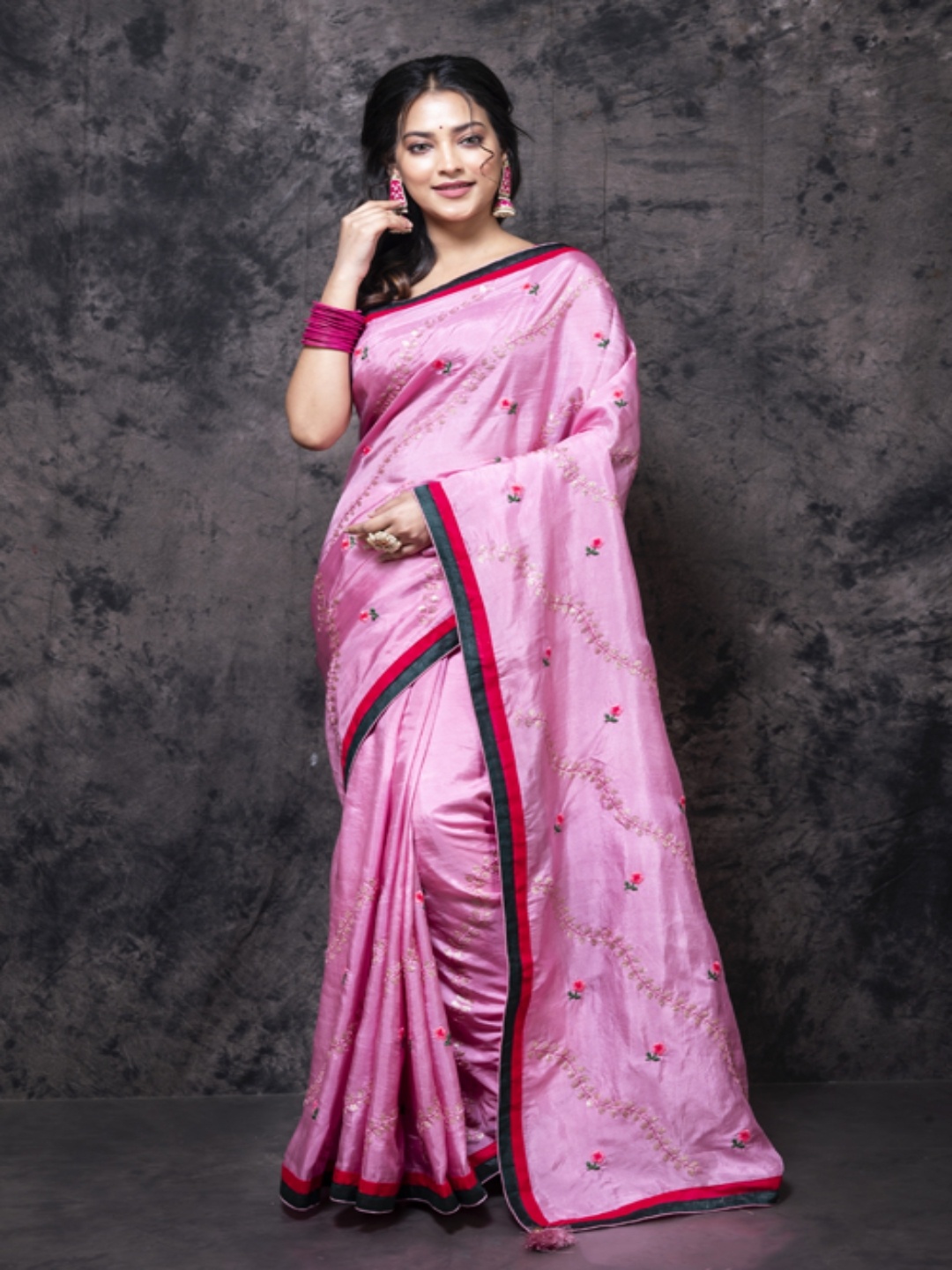 

Morchari Floral Embroidered Pure Chiffon Saree, Pink