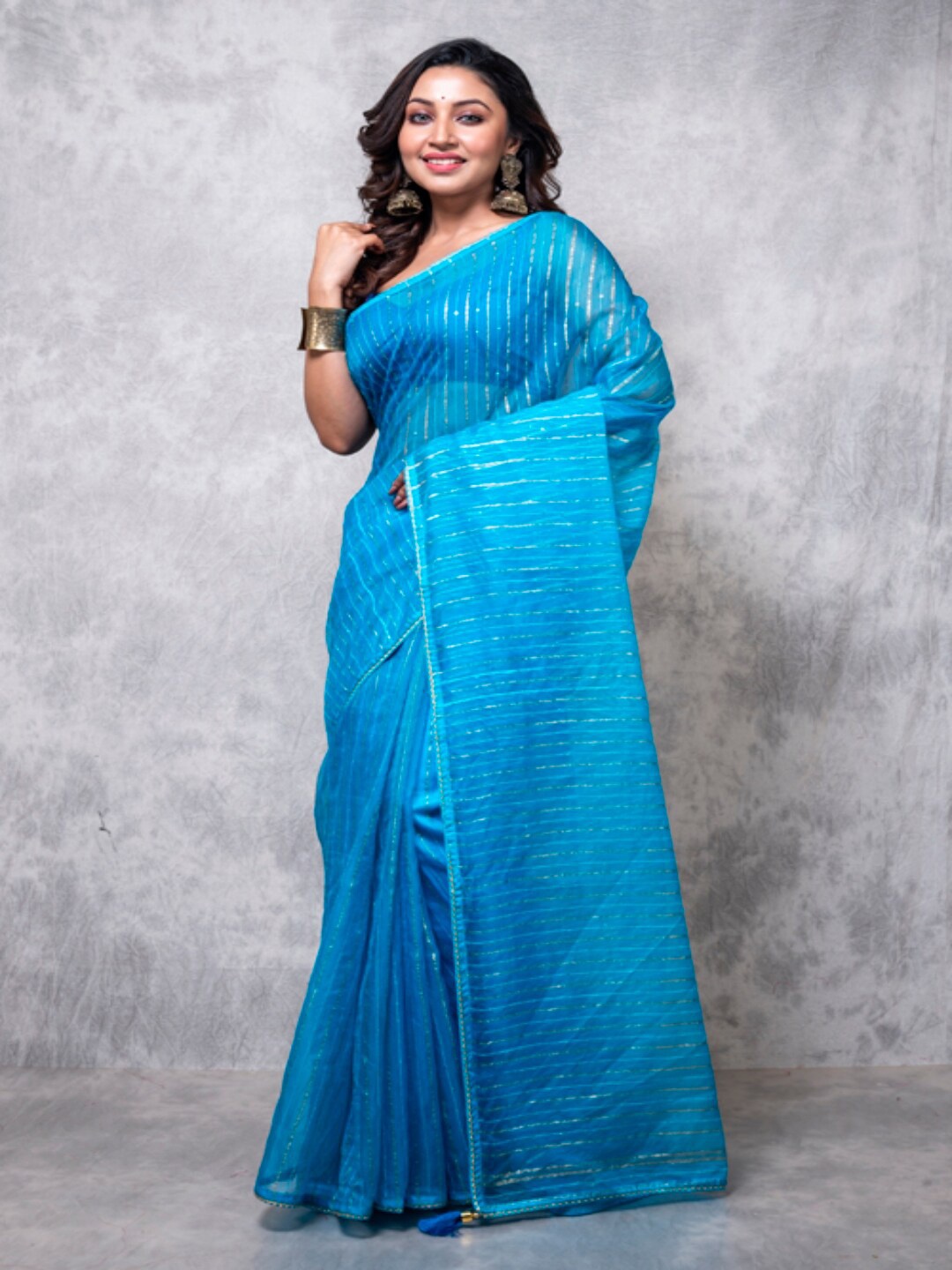 

Morchari Striped Woven Design Organza Saree, Blue