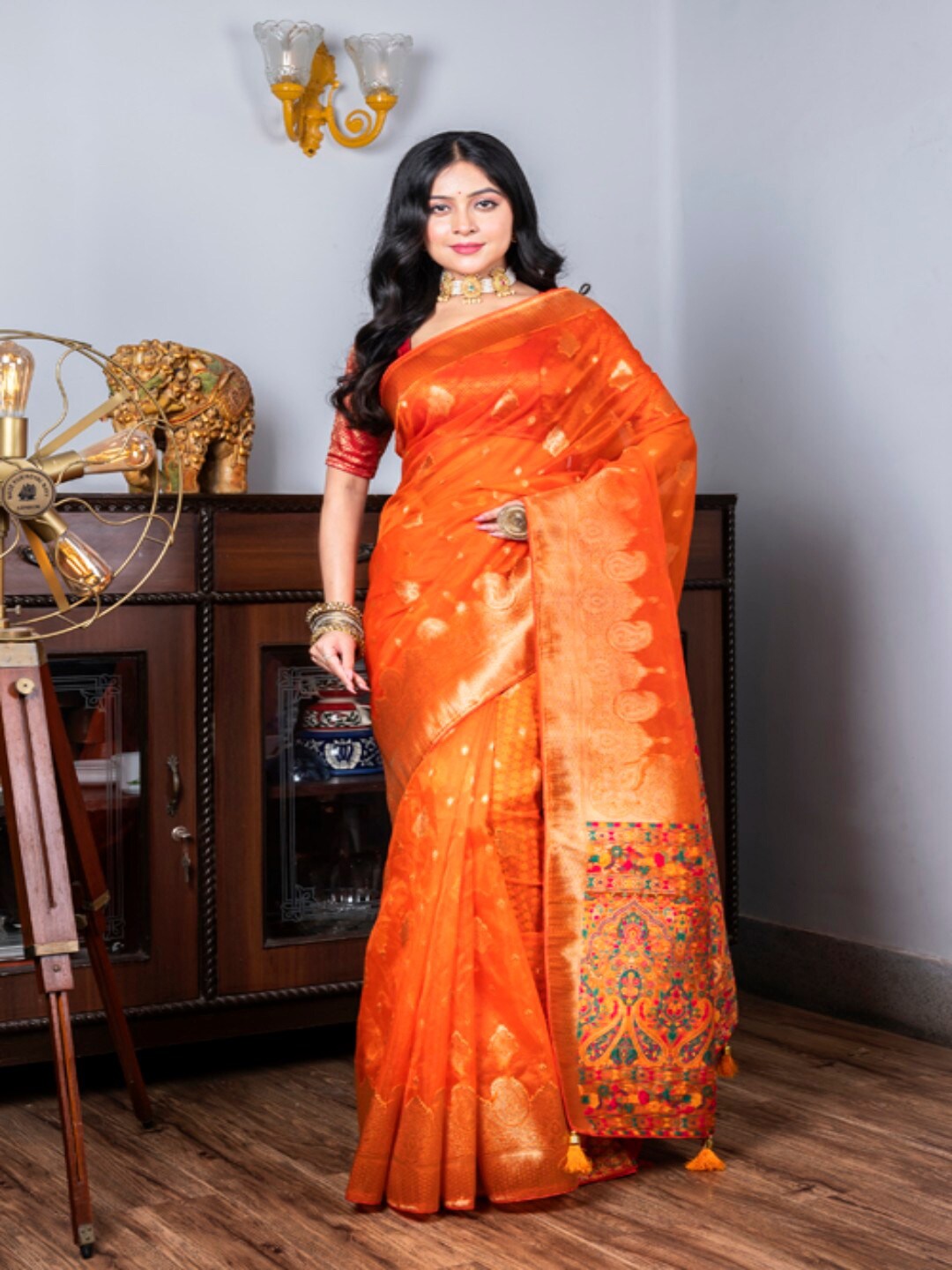 

Morchari Ethnic Motifs Woven Design Zari Organza Saree, Orange