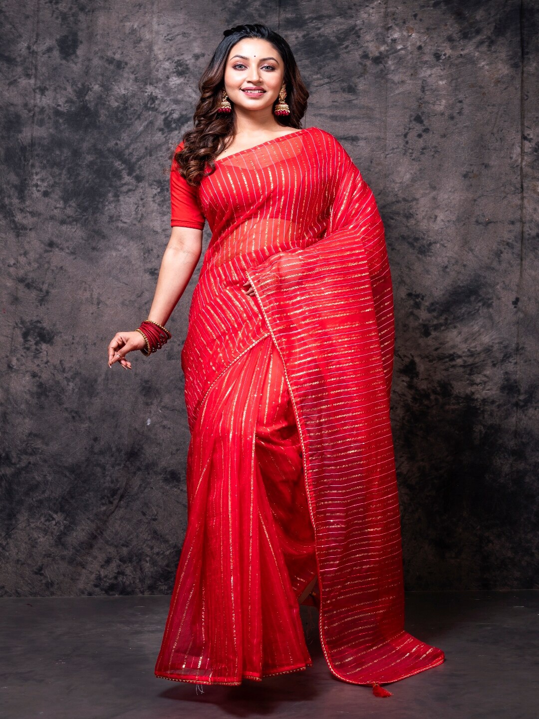 

Morchari Striped Woven Design Organza Saree, Red