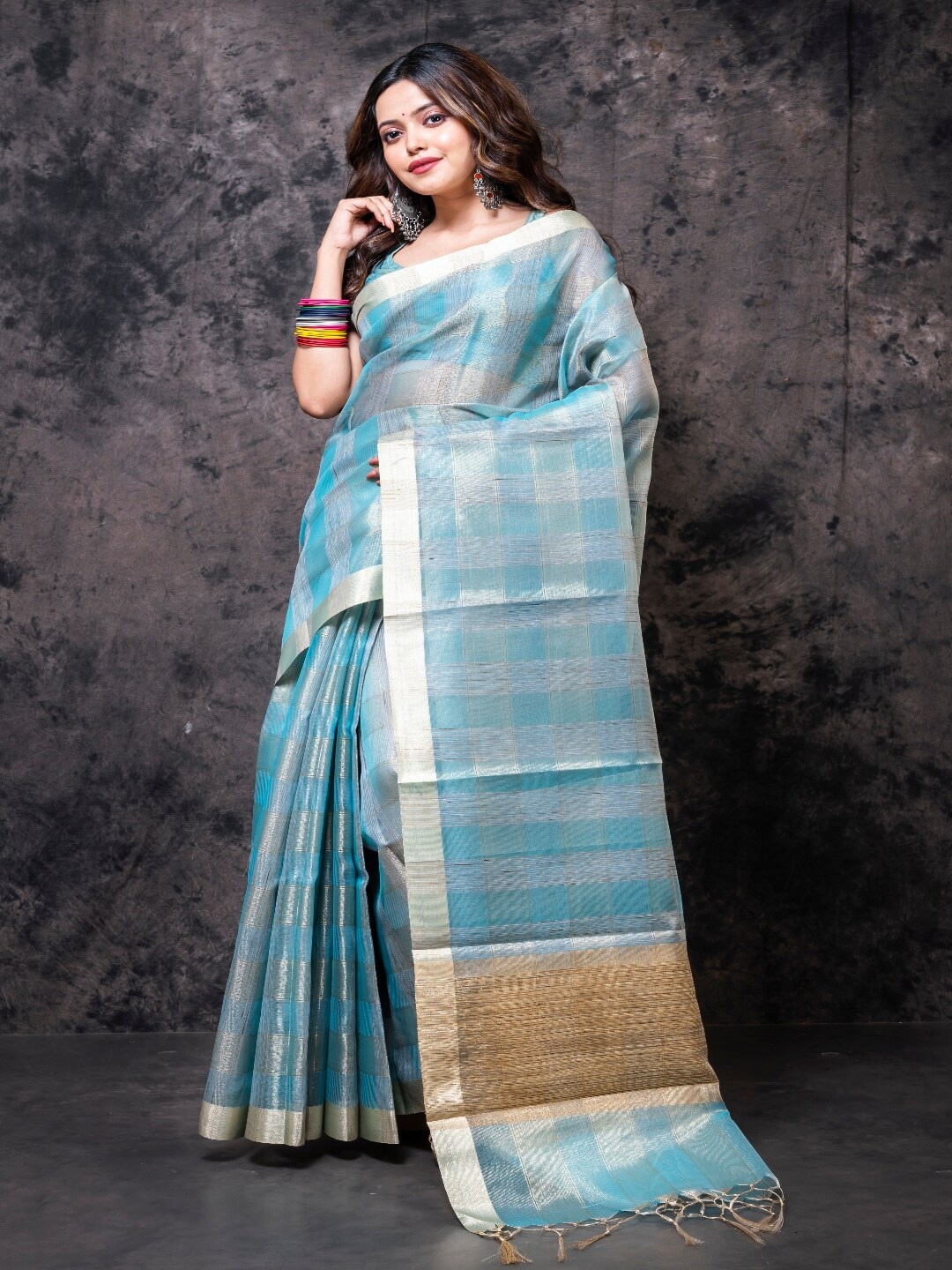 

Morchari Checked Woven Design Zari Tissue Saree, Blue