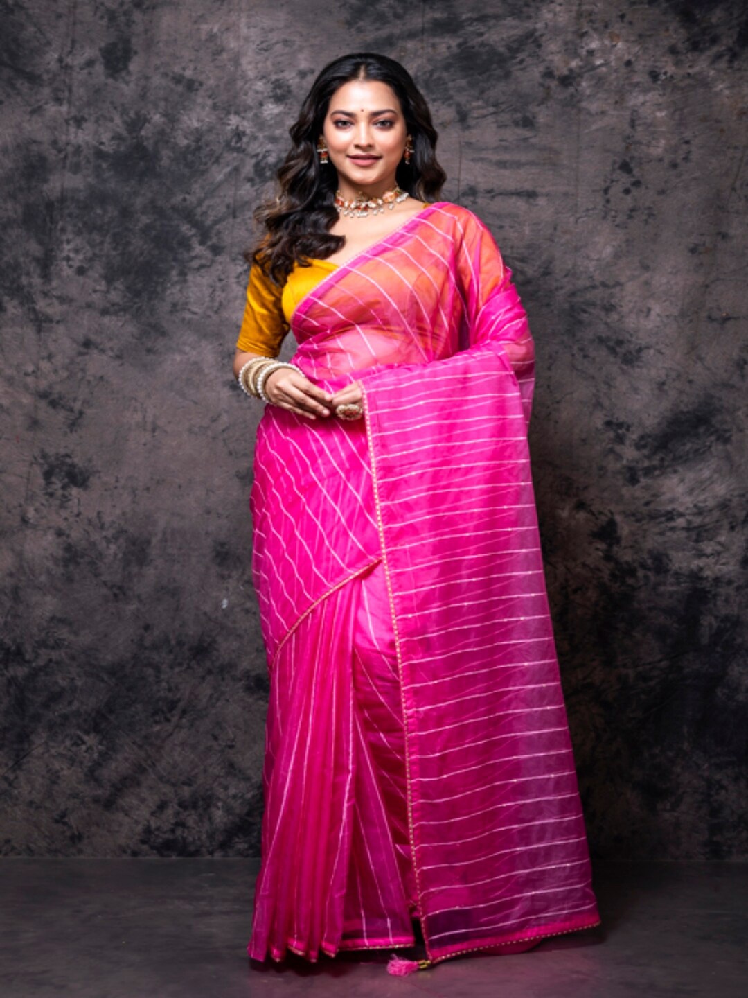 

Morchari Striped Woven Design Organza Saree, Pink