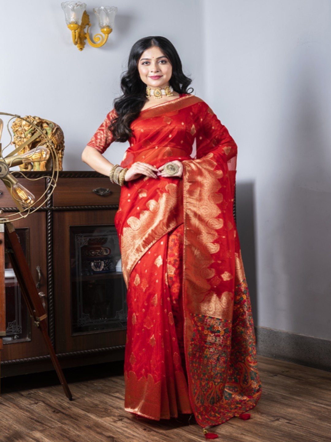 

Morchari Ethnic Motifs Woven Design Zari Organza Saree, Red