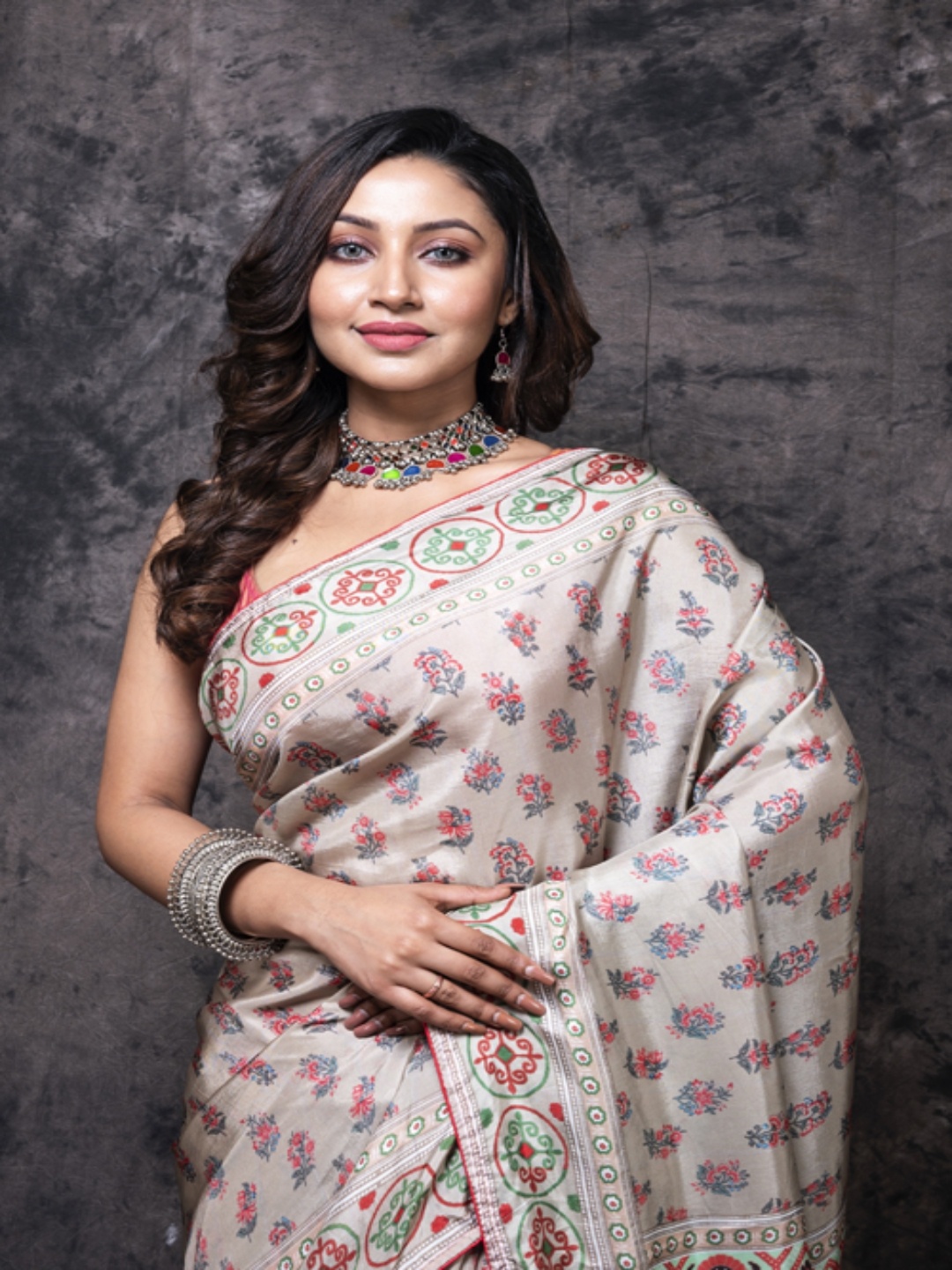 Morchari Floral Printed Pure Silk Saree, Beige