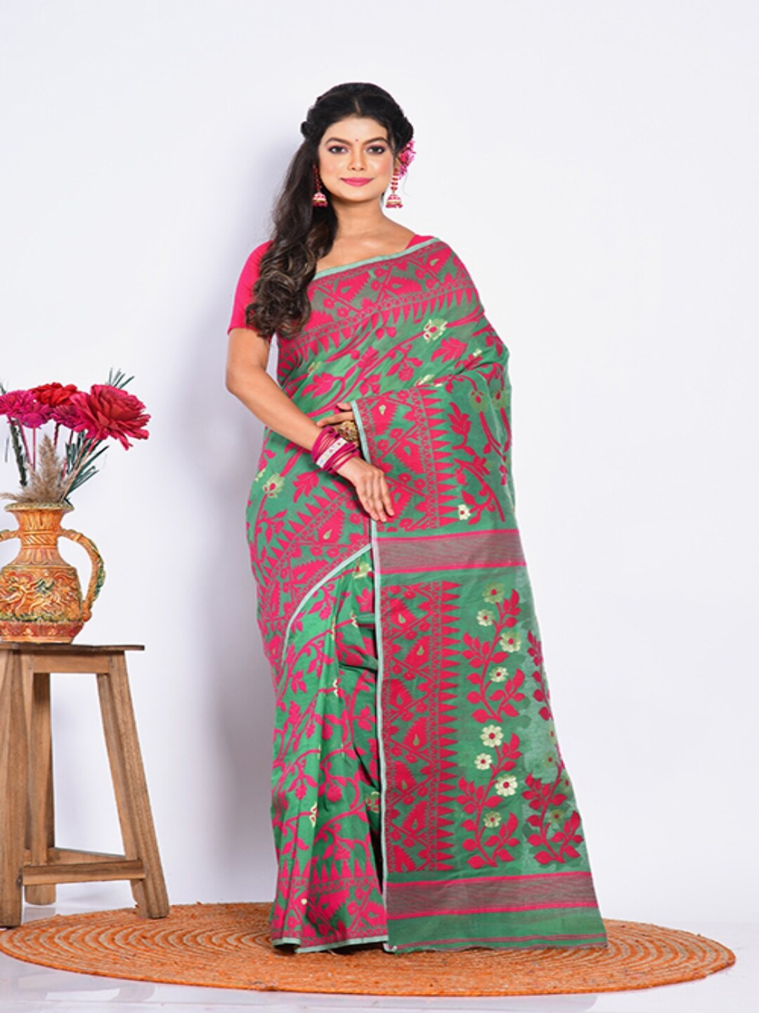 Morchari Floral Printed Pure Cotton Jamdani Saree, Green