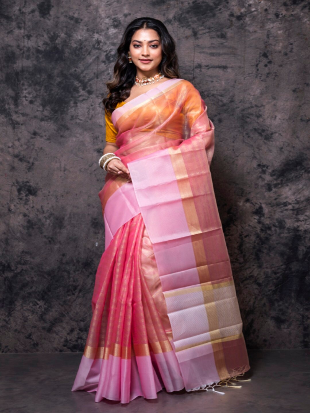 

Morchari Striped Zari Tissue Saree, Brown