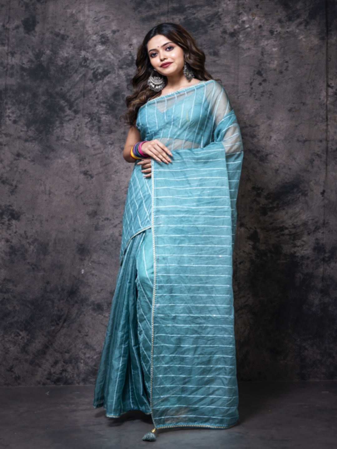 

Morchari Striped Gotta Patti Embellished Organza Saree, Blue