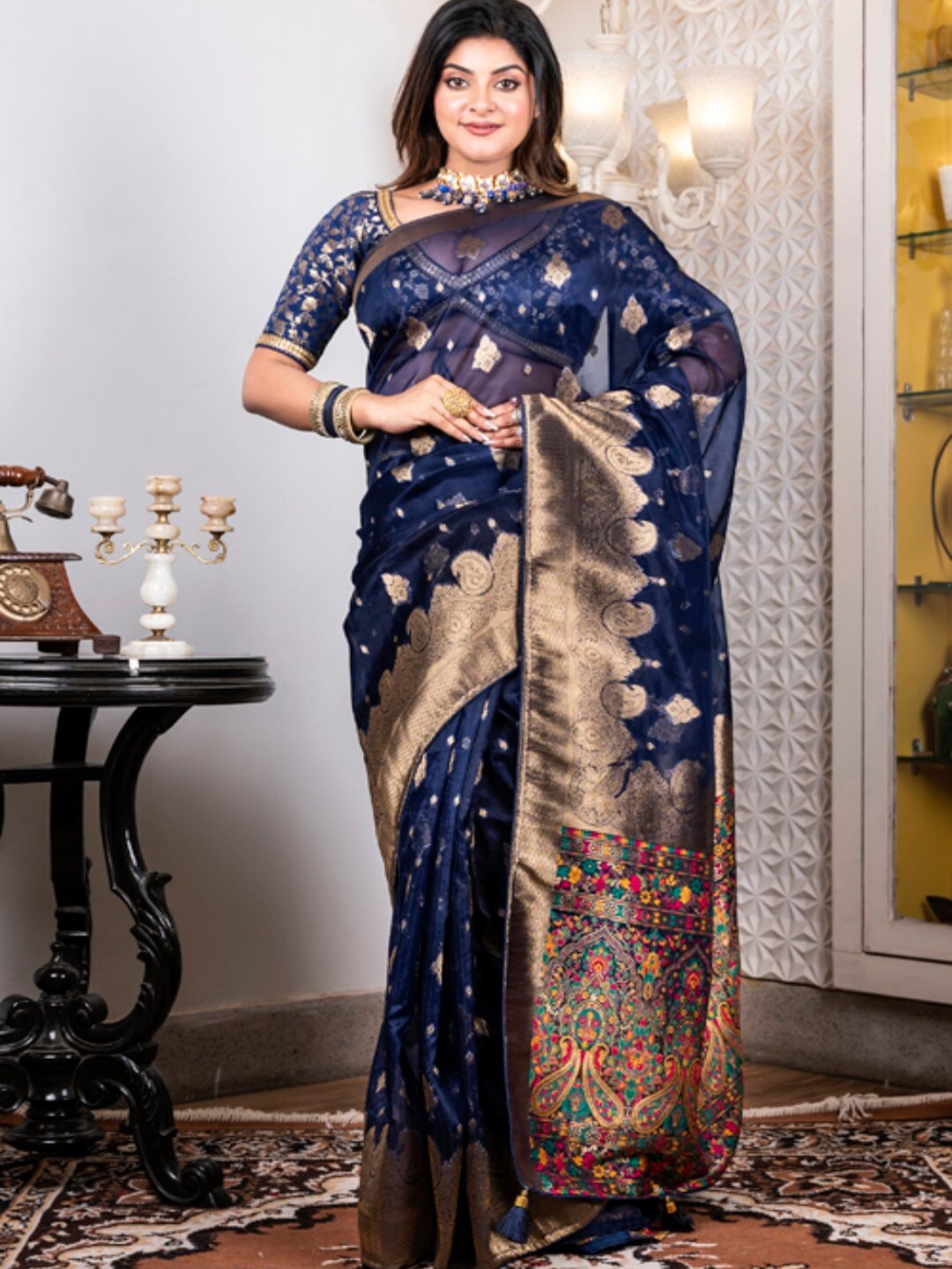 

Morchari Ethnic Motifs Woven Design Zari Organza Saree, Blue