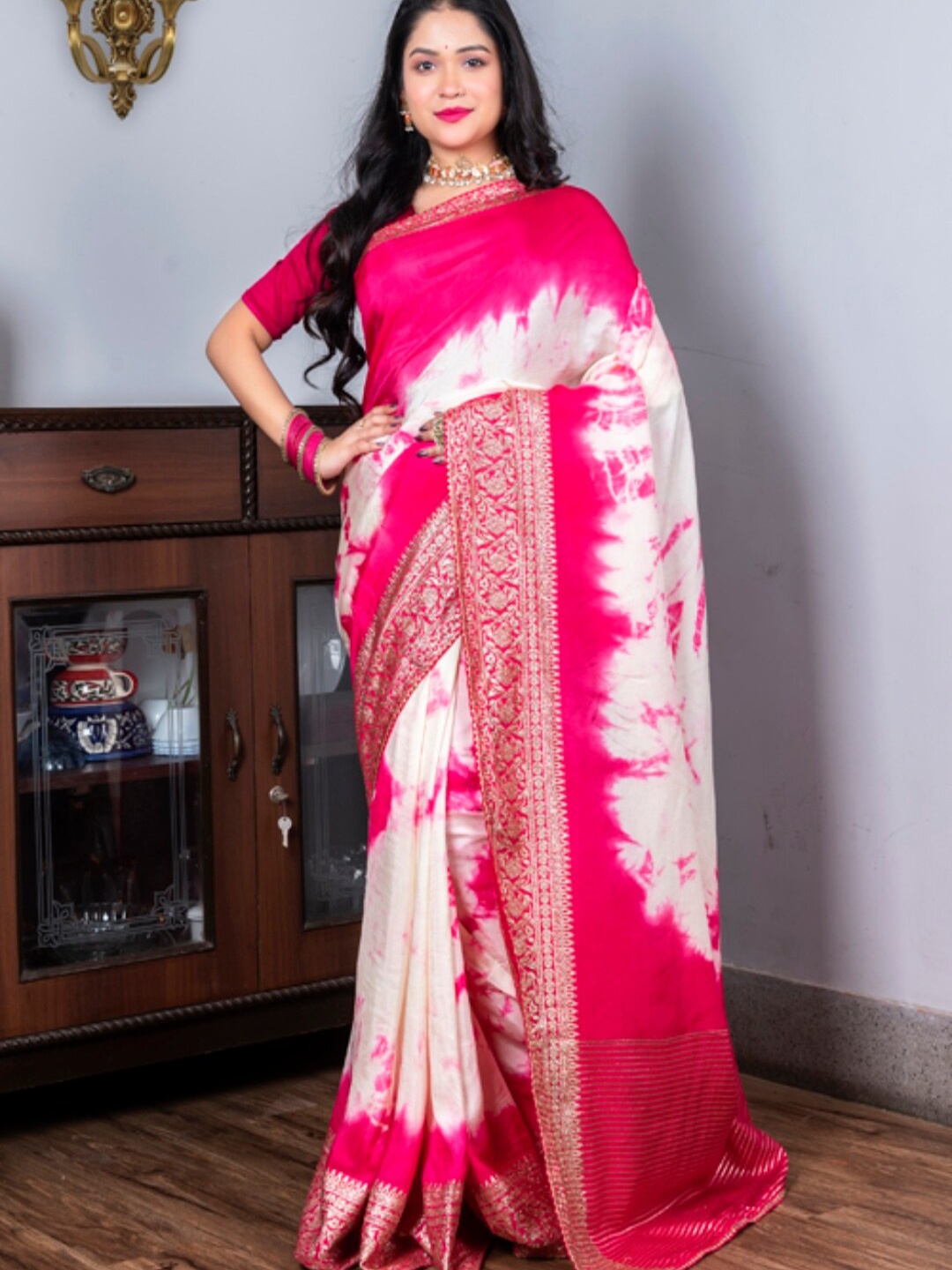 

Morchari Tie and Dye Zari Pure Silk Saree, Pink
