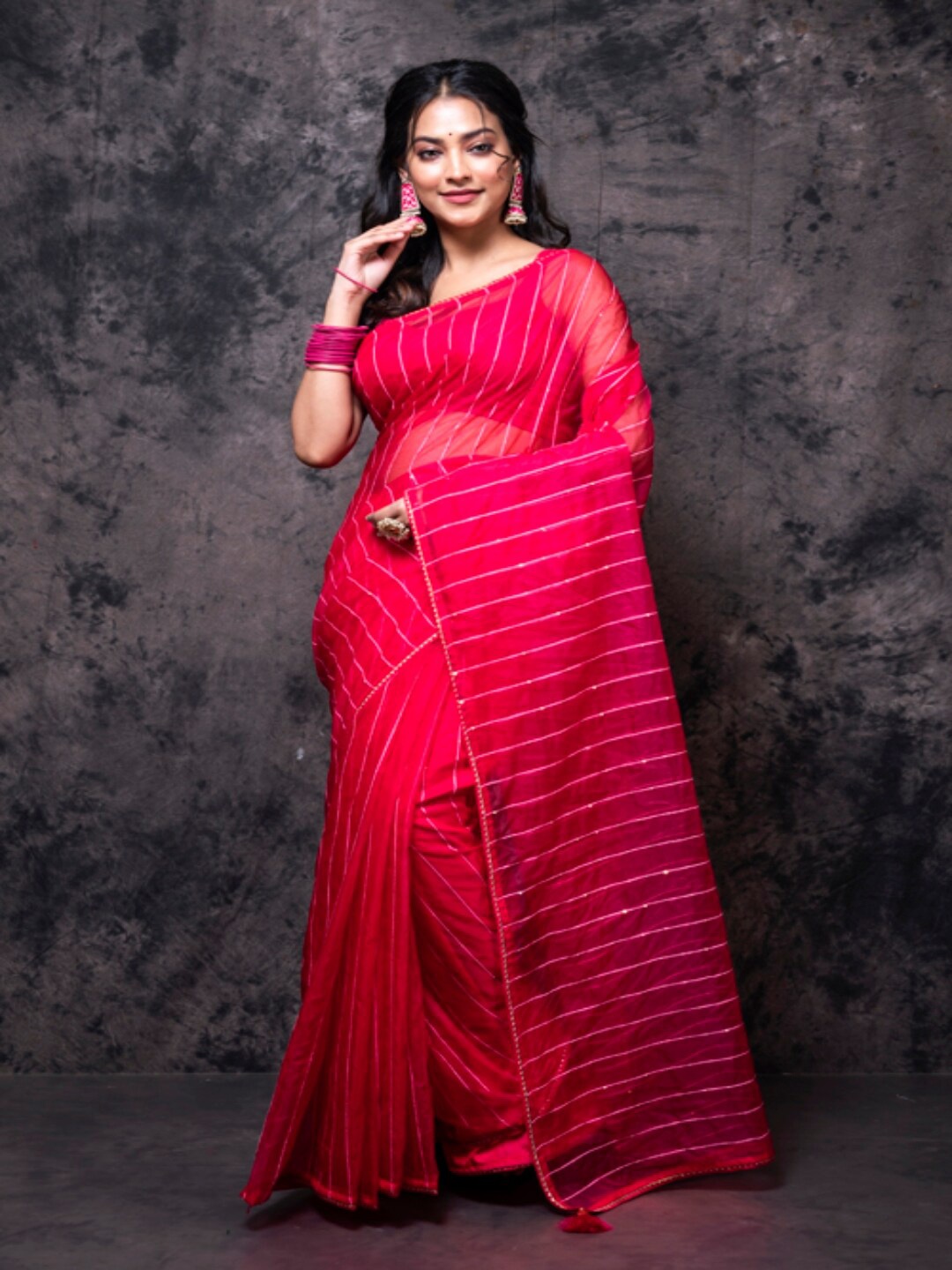 

Morchari Striped Sequinned Organza Saree, Peach