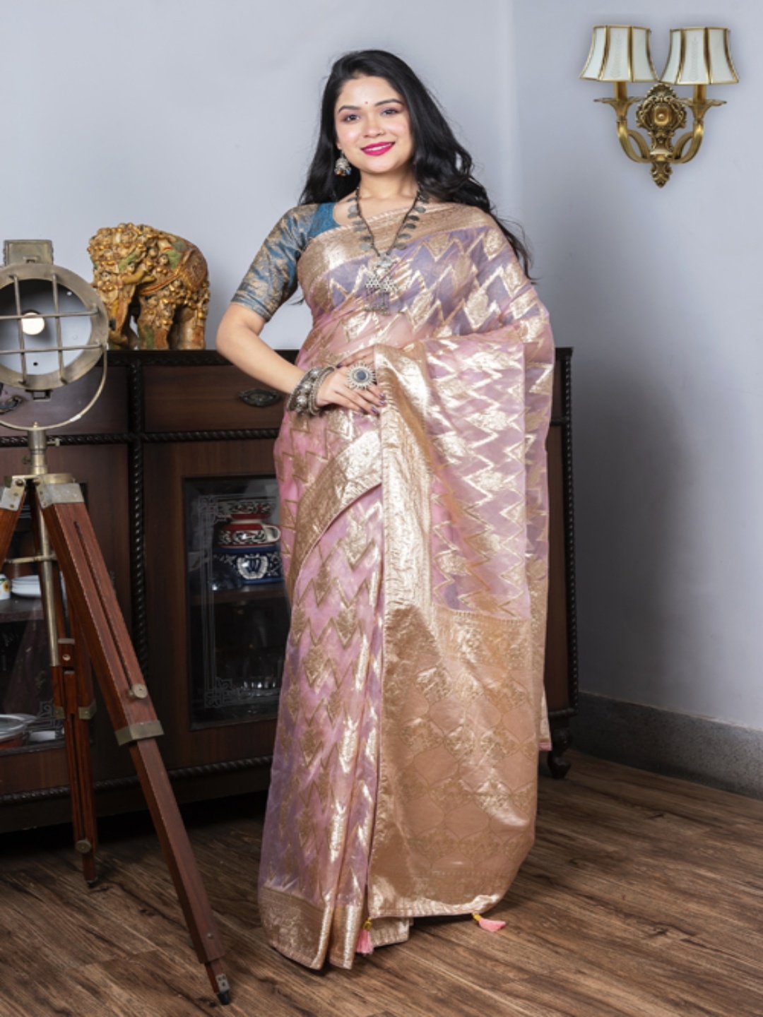 

Morchari Ethnic Motifs Woven Design Zari Organza Saree, Pink