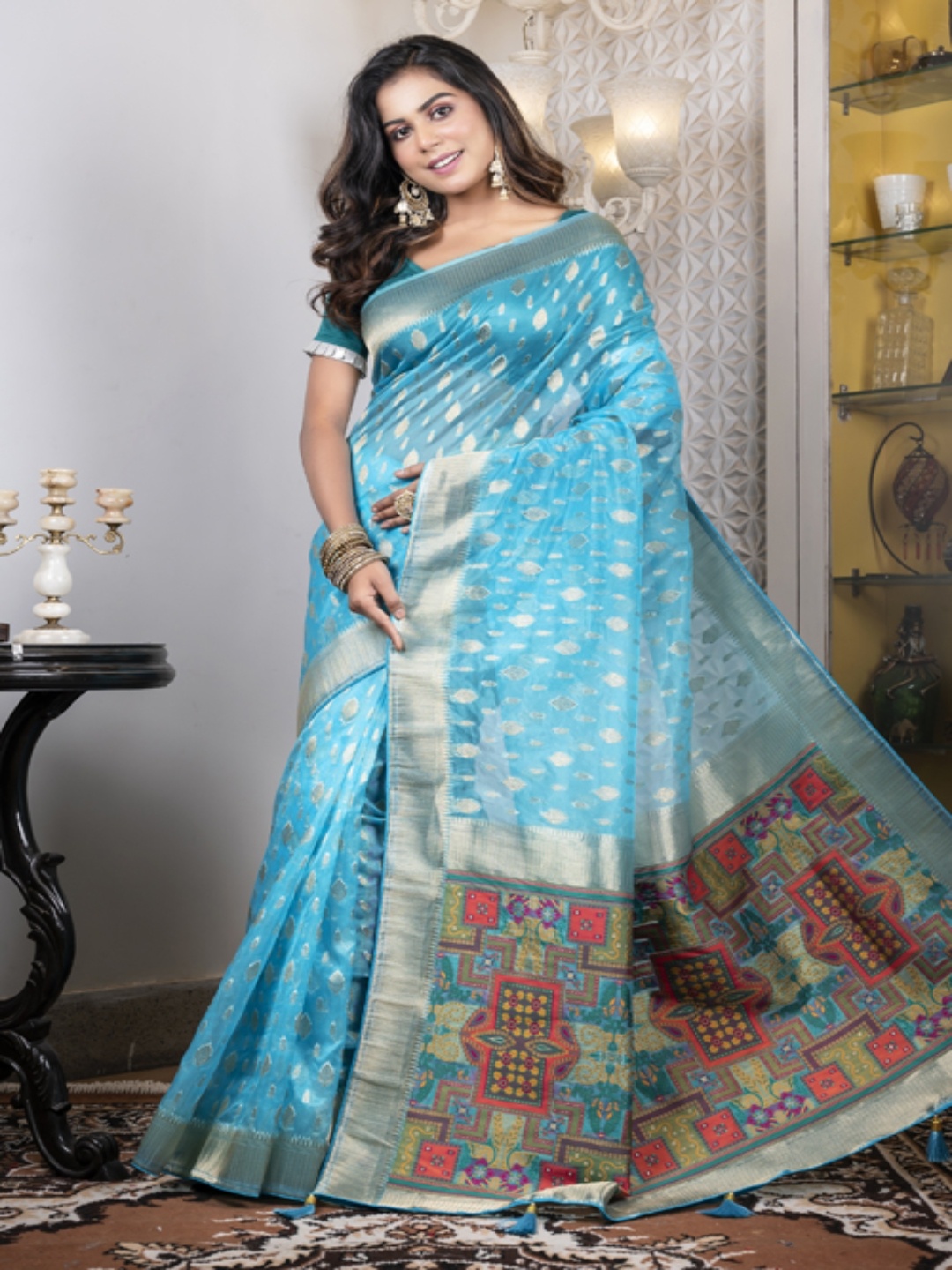 

Morchari Ethnic Motifs Woven Design Zari Organza Saree, Blue