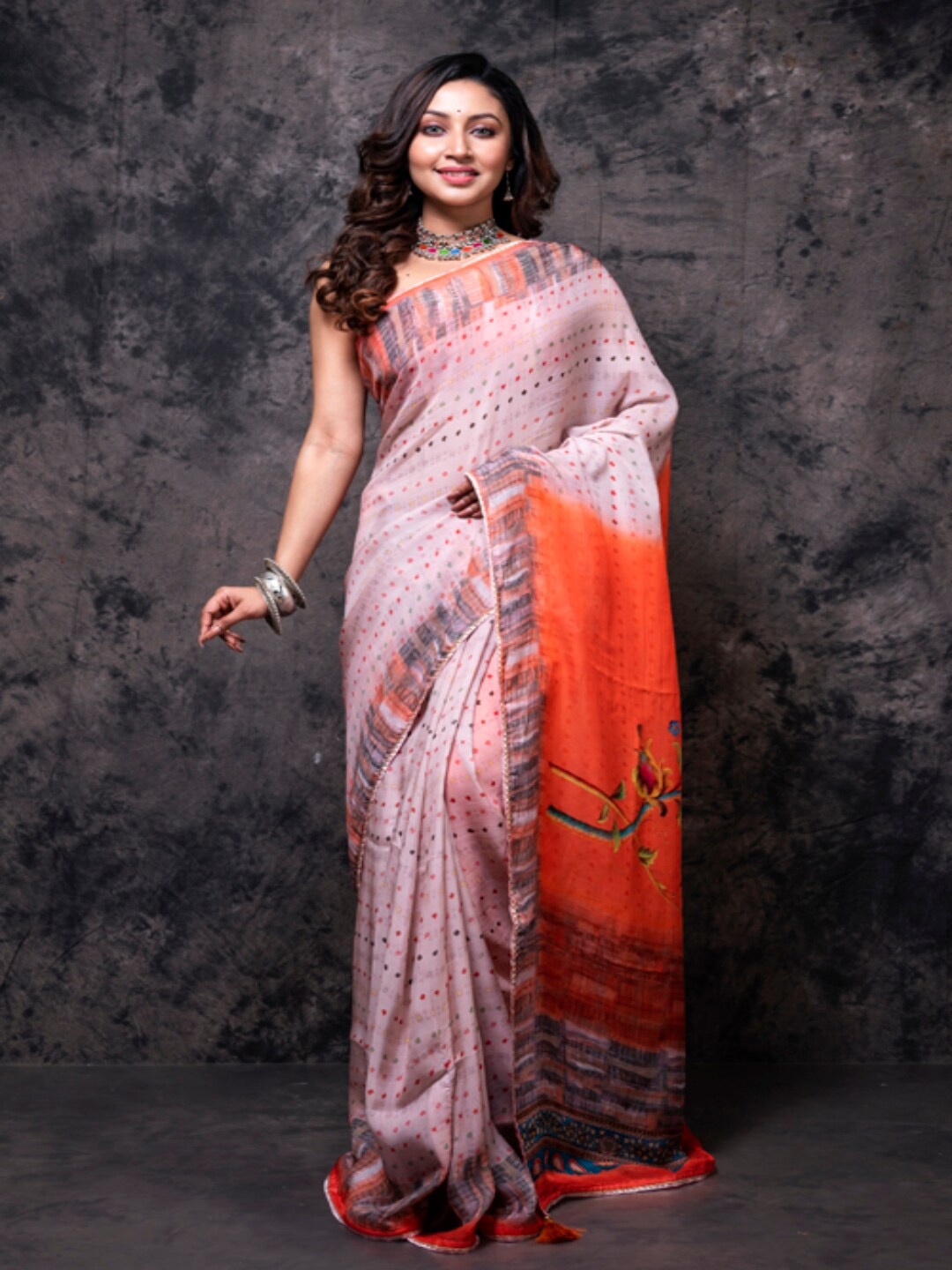 

Morchari Polka Dot Organza Saree, Peach