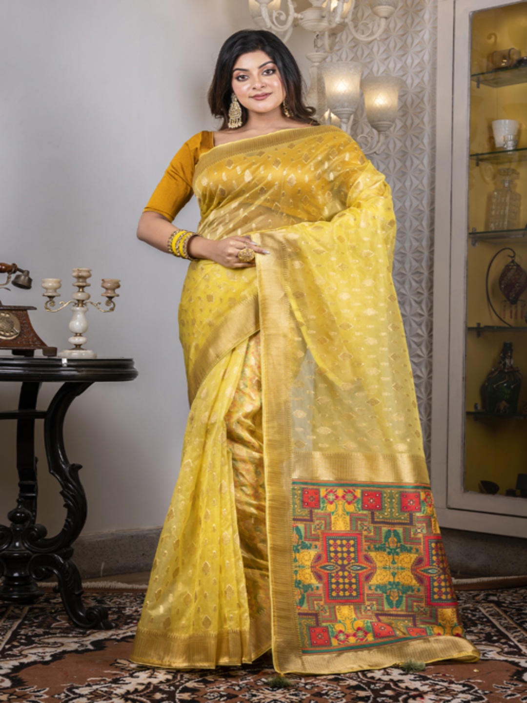 

Morchari Woven Design Ethnic Motifs Zari Organza Saree, Yellow