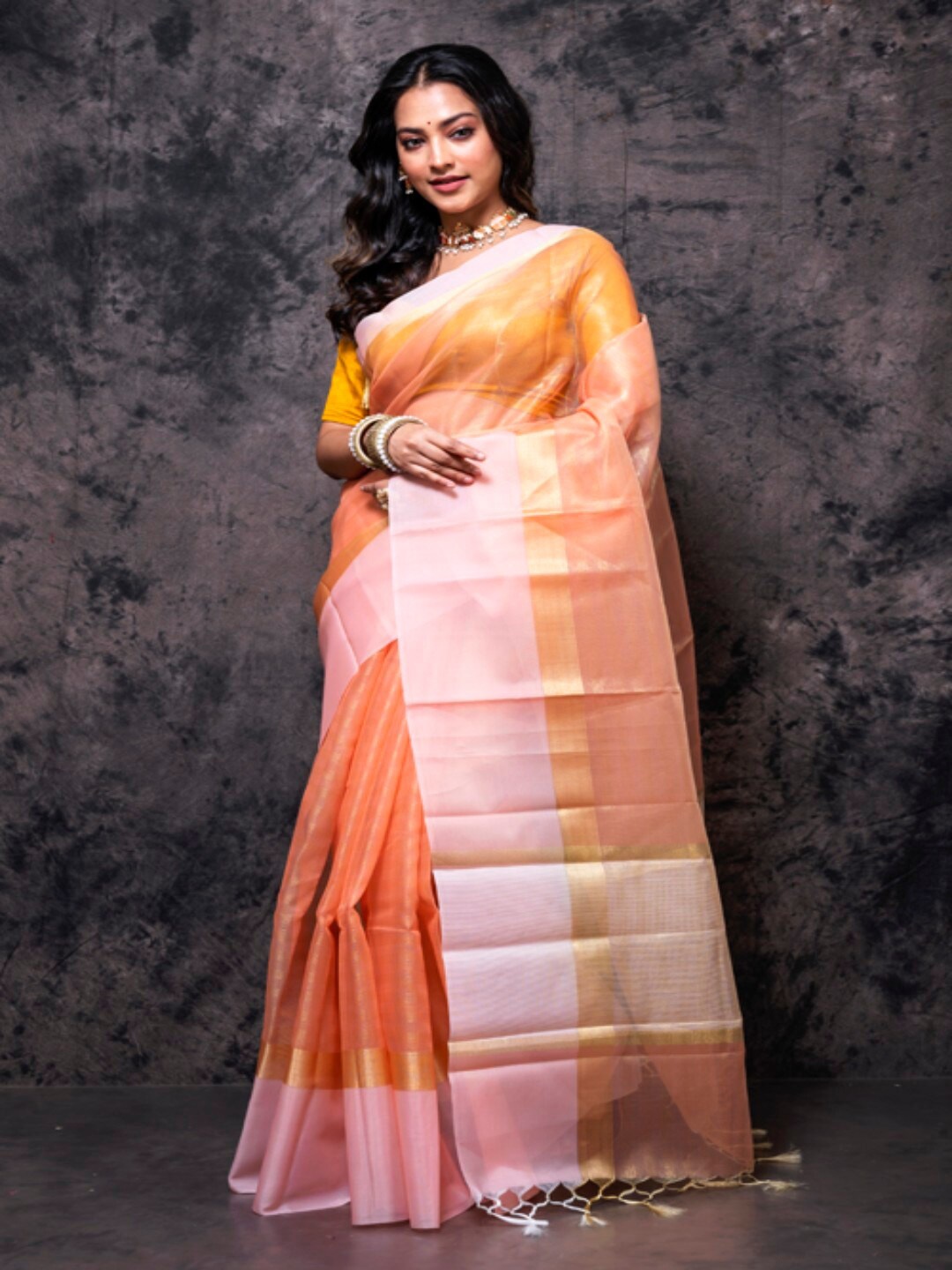 

Morchari Striped Zari Tissue Saree, Peach