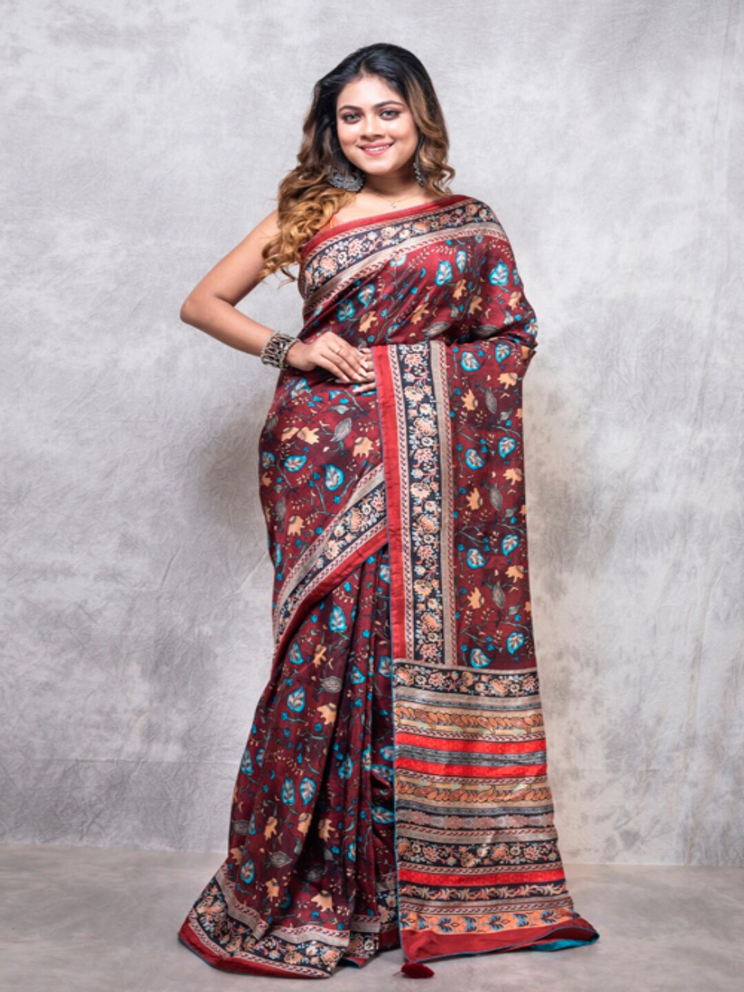 Morchari Floral Printed Pure Silk Saree, Maroon