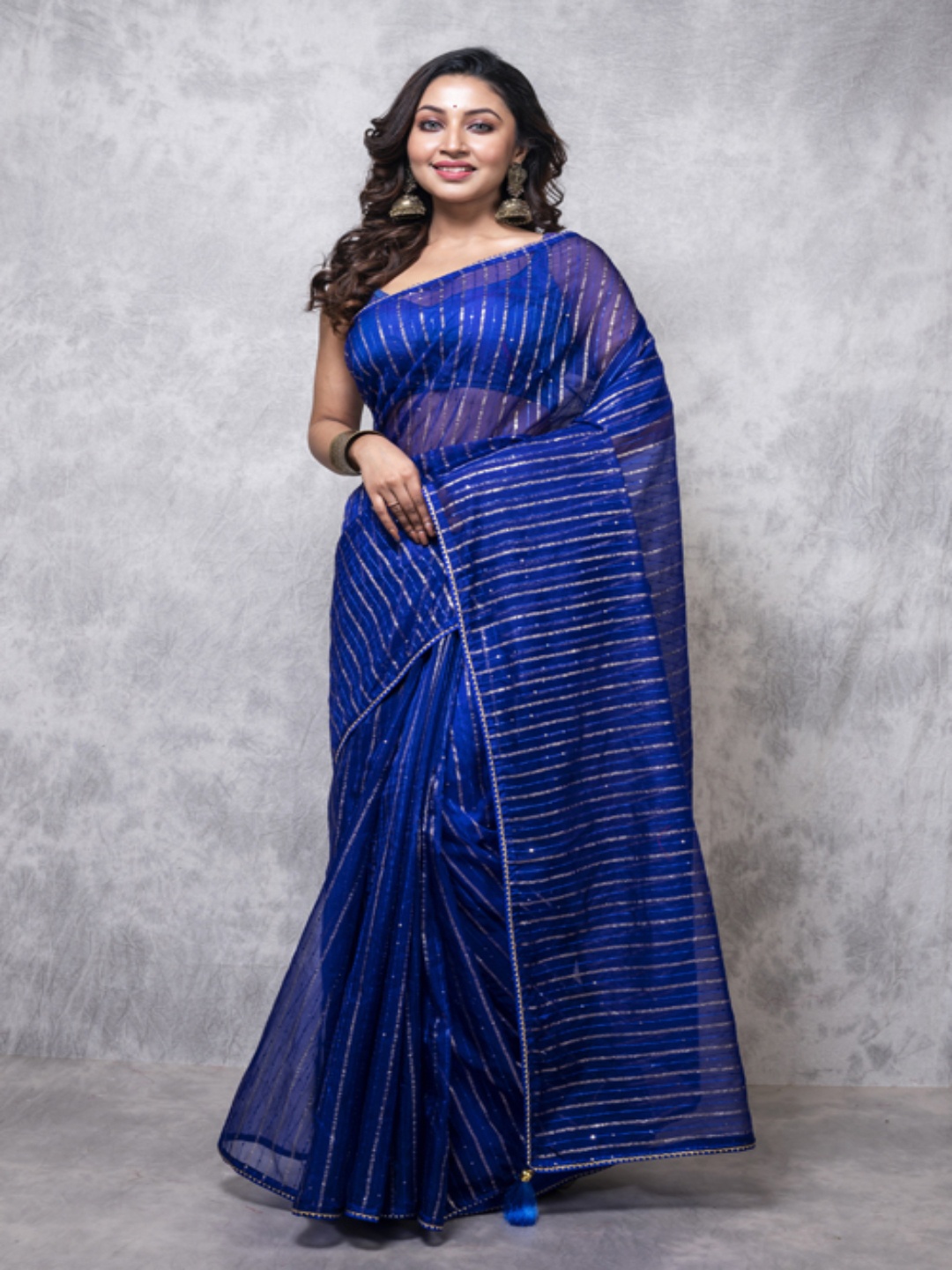 

Morchari Embellished Striped Organza Saree, Navy blue