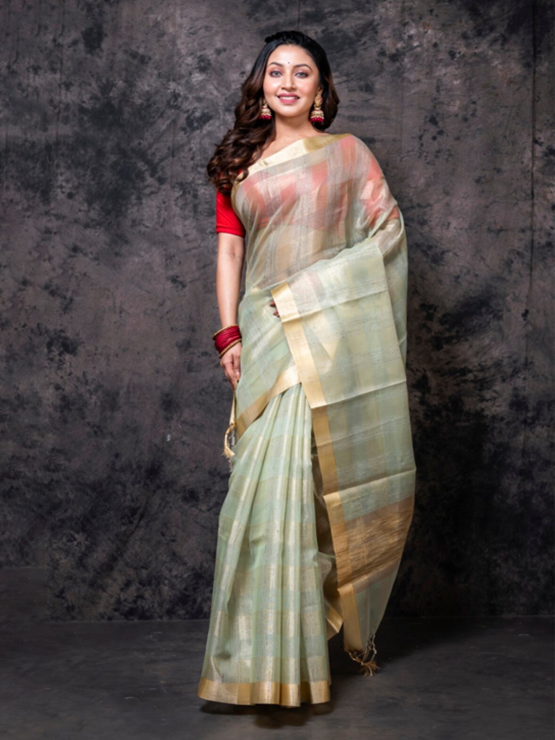 

Morchari Woven Design Striped Zari Tissue Saree, Green