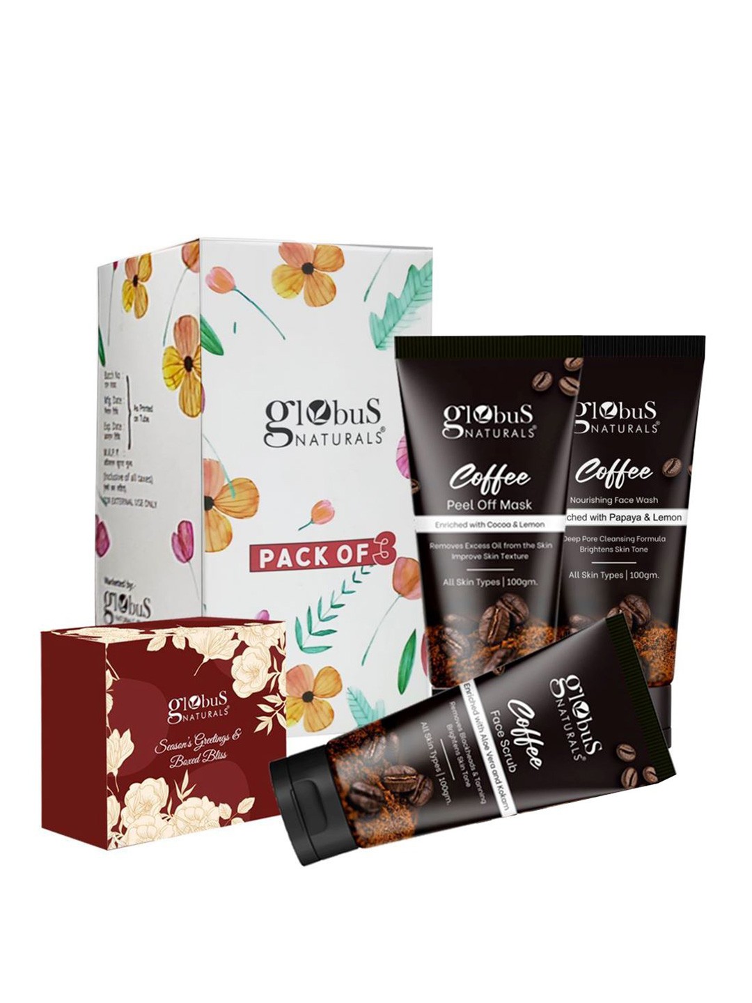 

Globus naturals Coffee 4-Pcs Face Wash-Scrub-Peel Off Mask With Chocolate Box, Transparent
