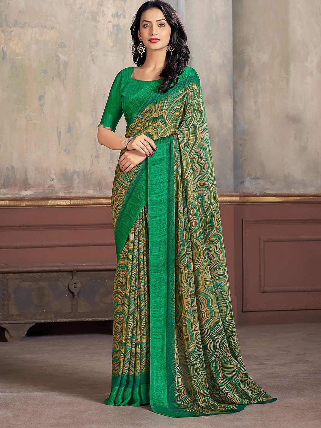 

Mitera Green Abstract Printed Saree