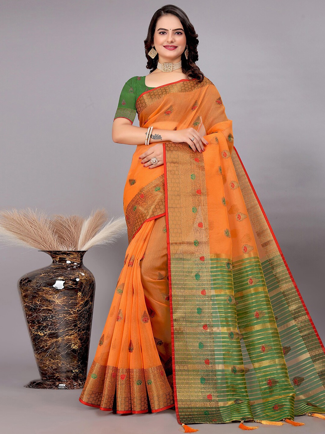 

Mitera Ethnic Motifs Woven Design Zari Uppada Saree, Orange