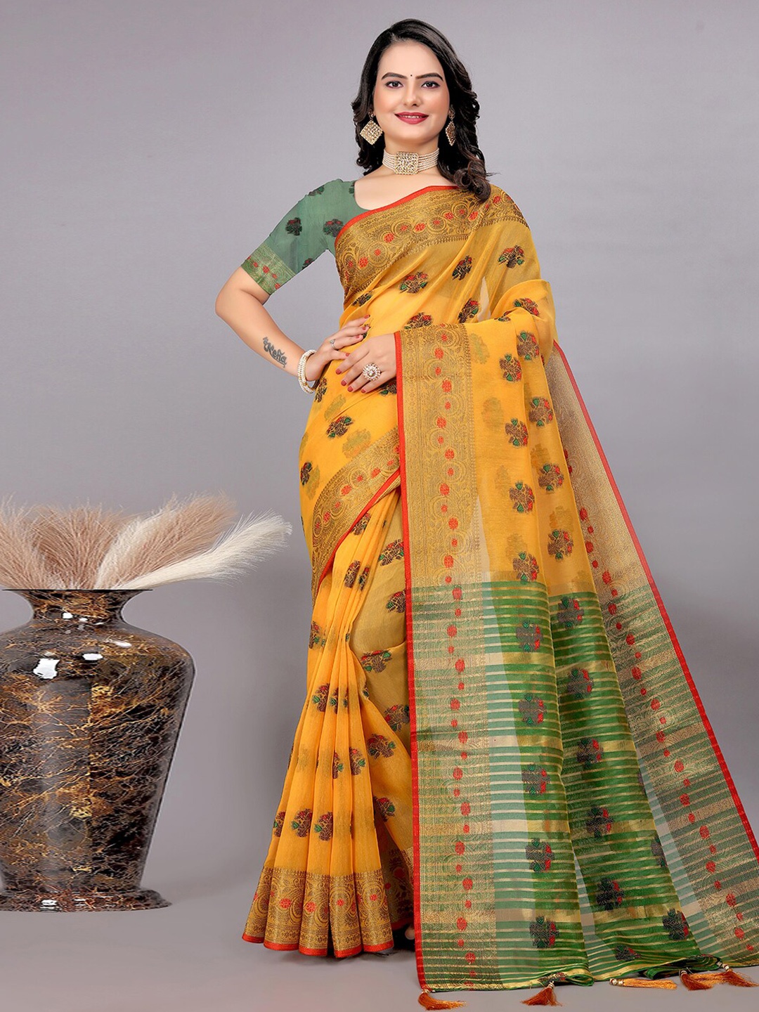 

Mitera Ethnic Motifs Woven Design Zari Uppada Saree, Yellow