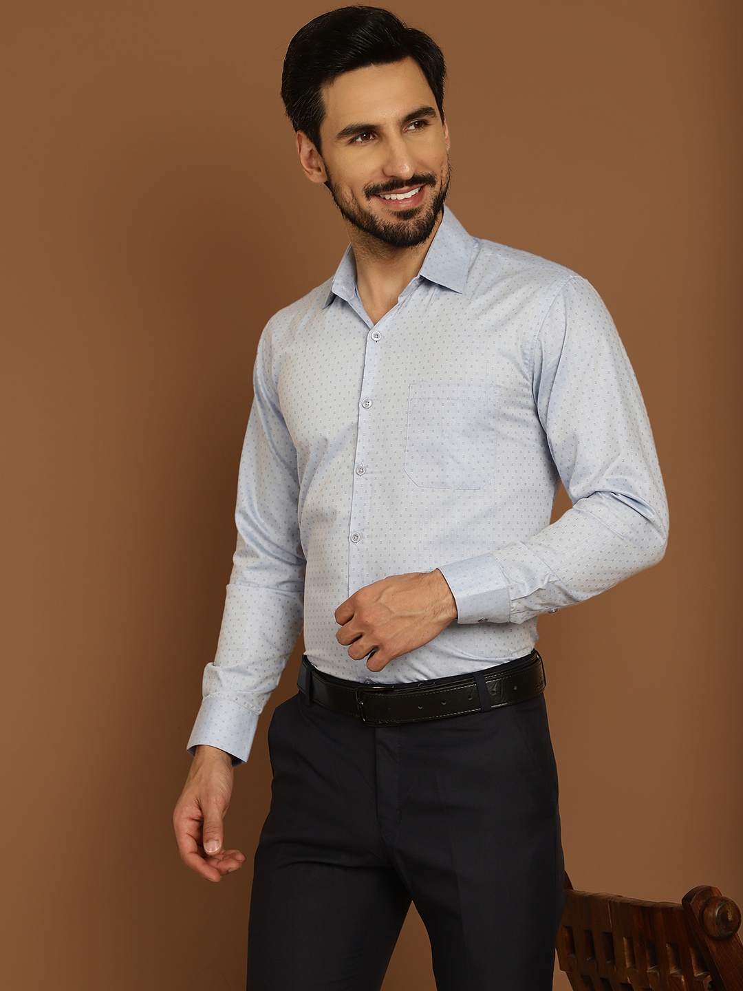 

Indian Needle Micro Ditsy Printed Pure Cotton Classic Opaque Formal Shirt, Blue