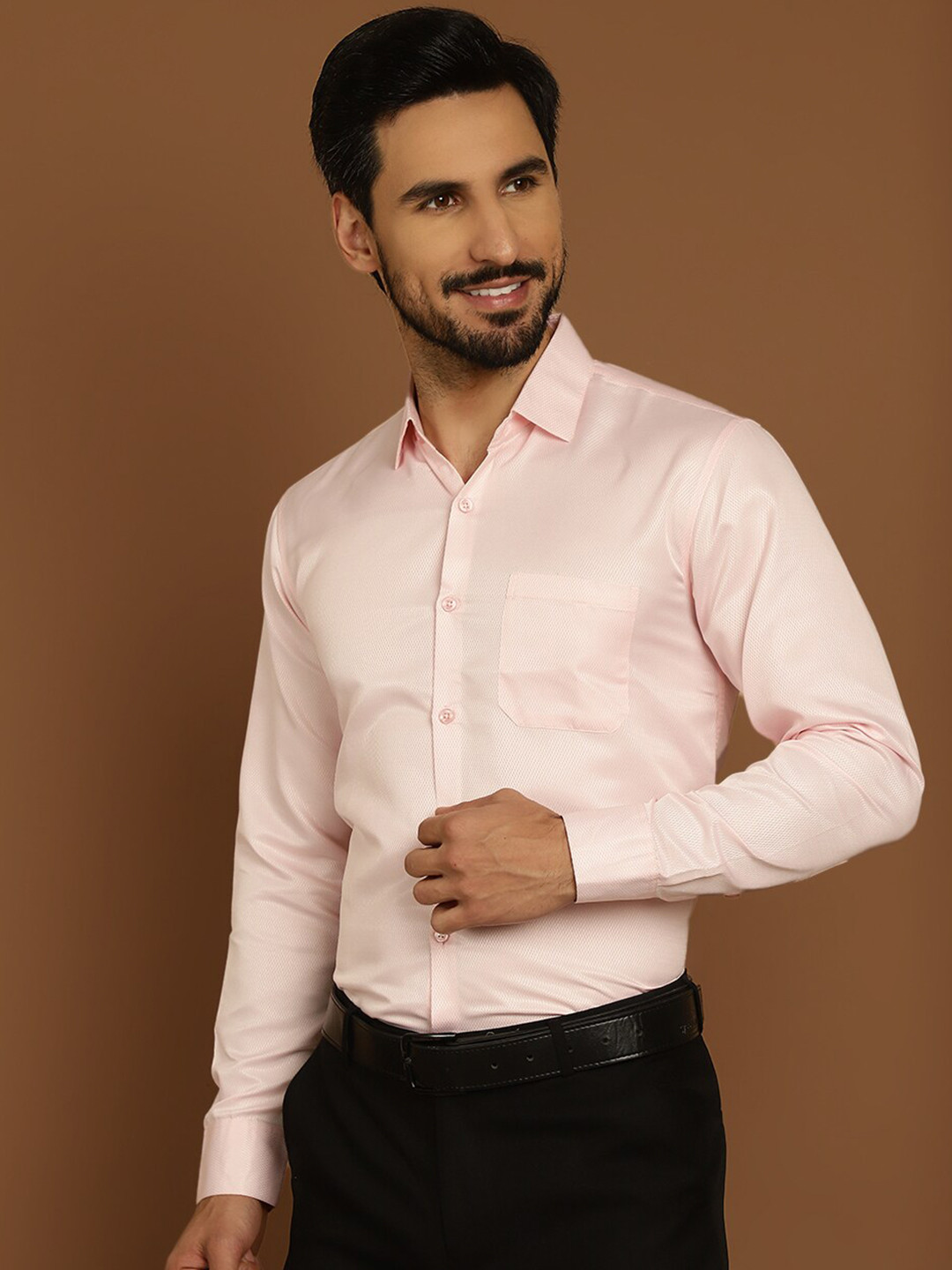 

Indian Needle Classic Self Design Cotton Formal Shirt, Pink
