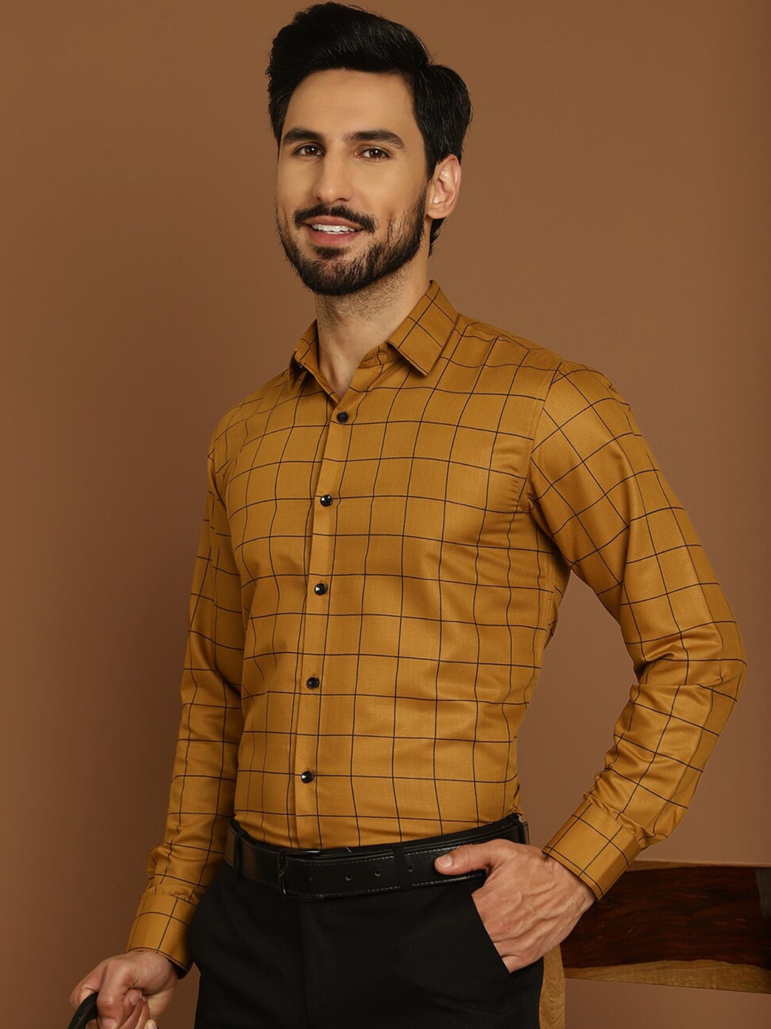 

Indian Needle Classic Windowpane Checked Cotton Formal Shirt, Mustard