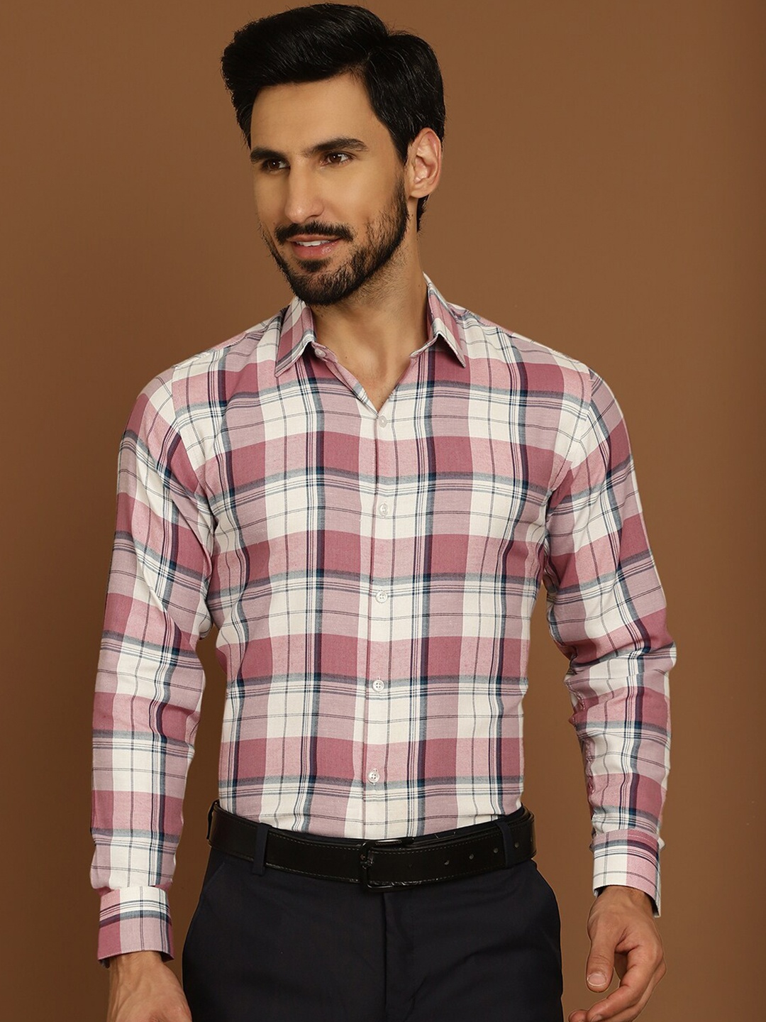 

Indian Needle Classic Regular Fit Tartan Checks Cotton Formal Shirt, Pink