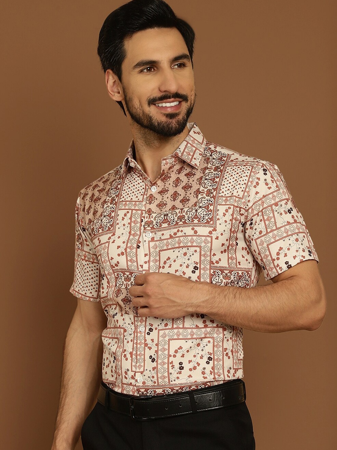 Indian Needle Classic Floral Printed Cotton Formal Shirt, Peach