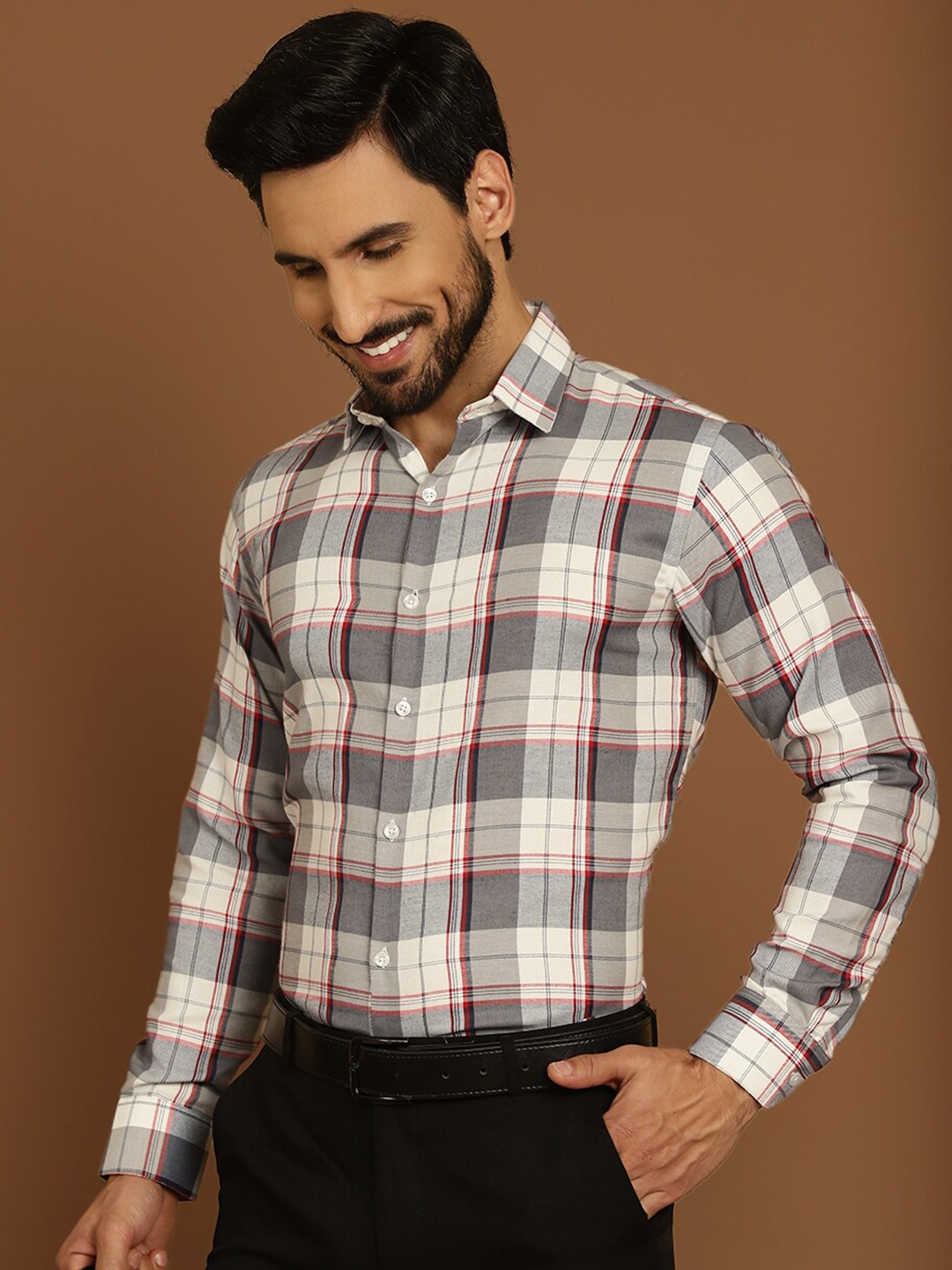 

Indian Needle Classic Regular Fit Tartan Checks Cotton Formal Shirt, Grey