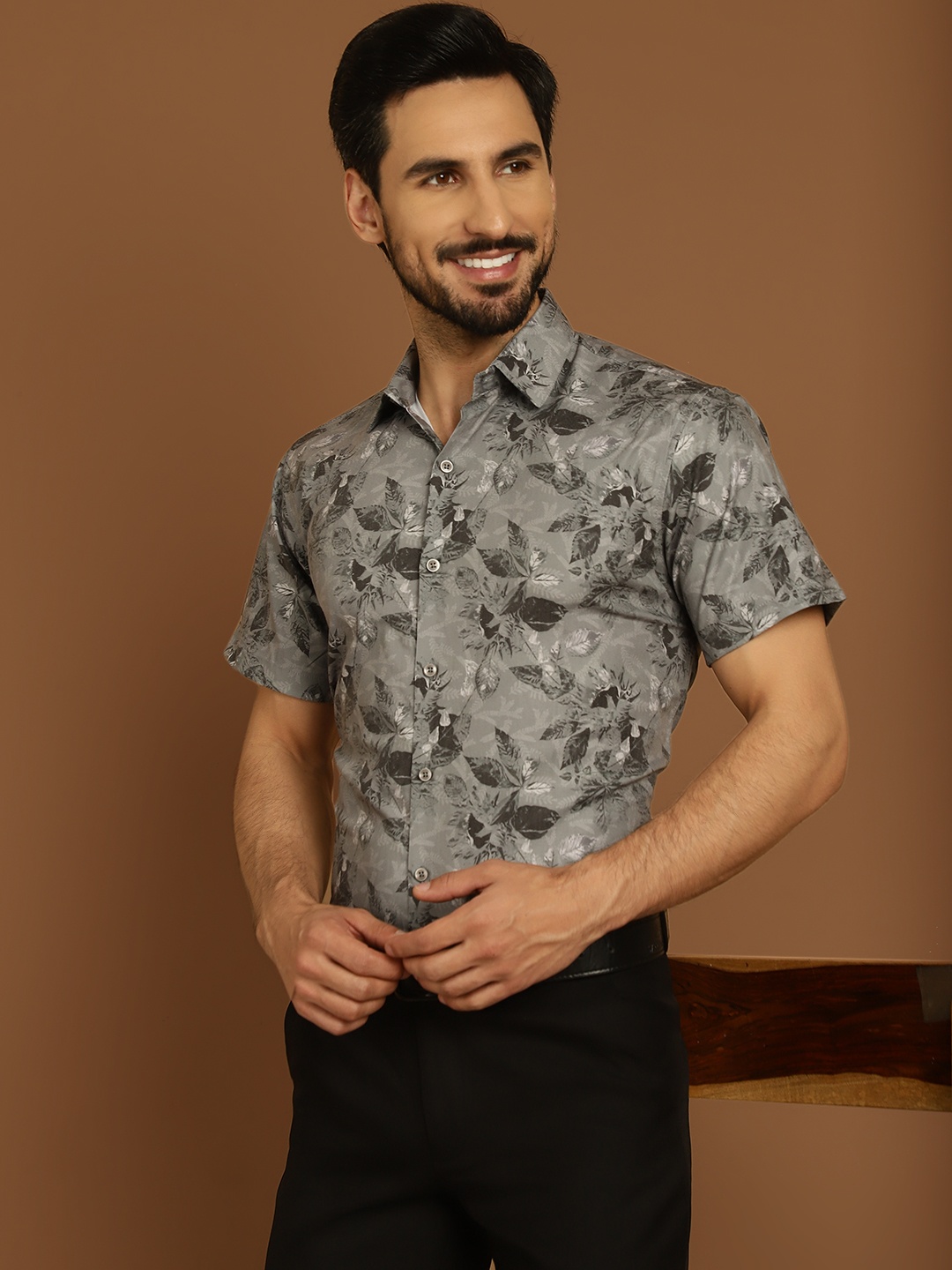 Indian Needle Classic Floral Printed Cotton Opaque Formal Shirt, Charcoal