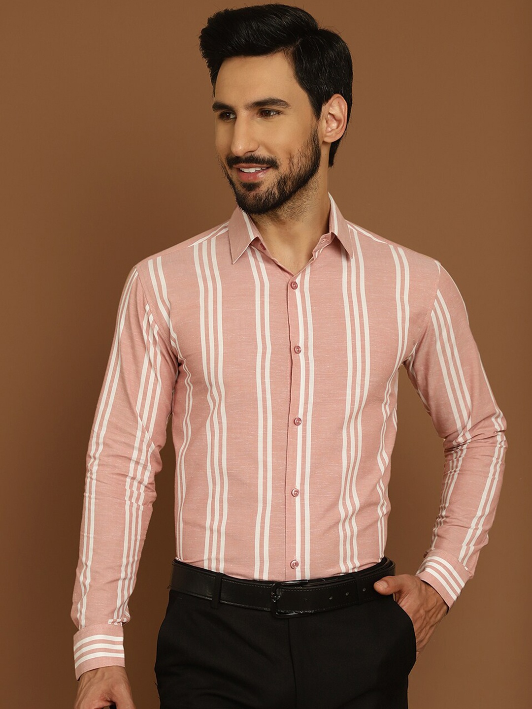 

Indian Needle Classic Regular Fit Vertical Striped Long Sleeves Cotton Formal Shirt, Coral