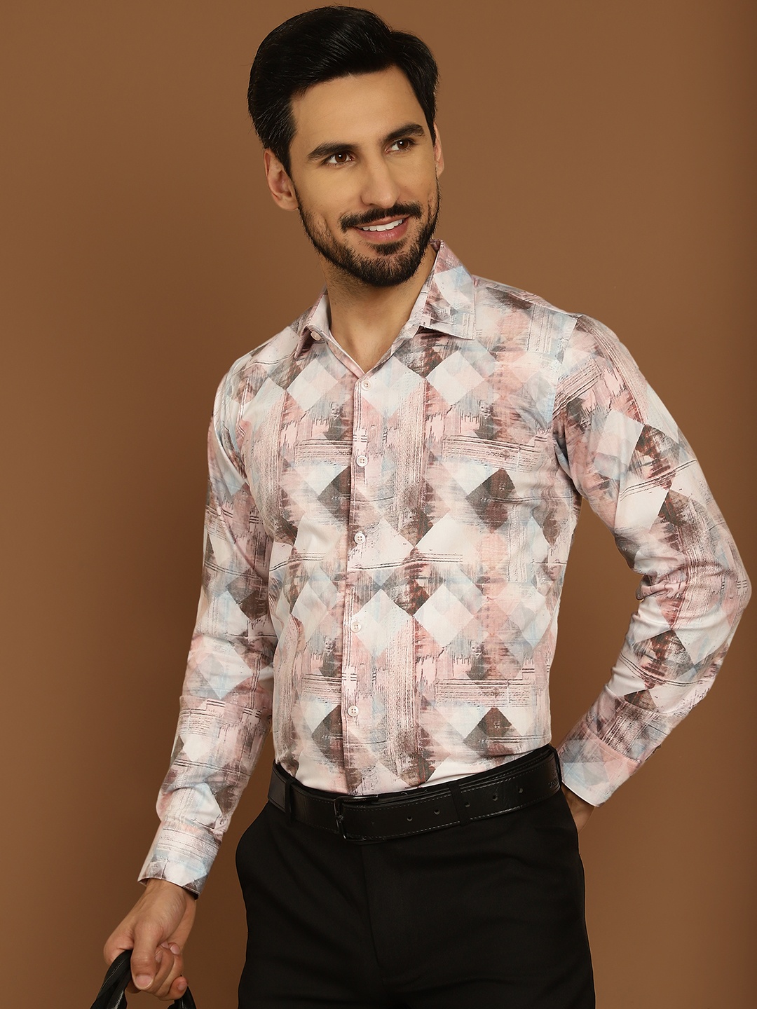 

Indian Needle Classic Printed Spread Collar Long Sleeves Formal Shirt, Coffee brown