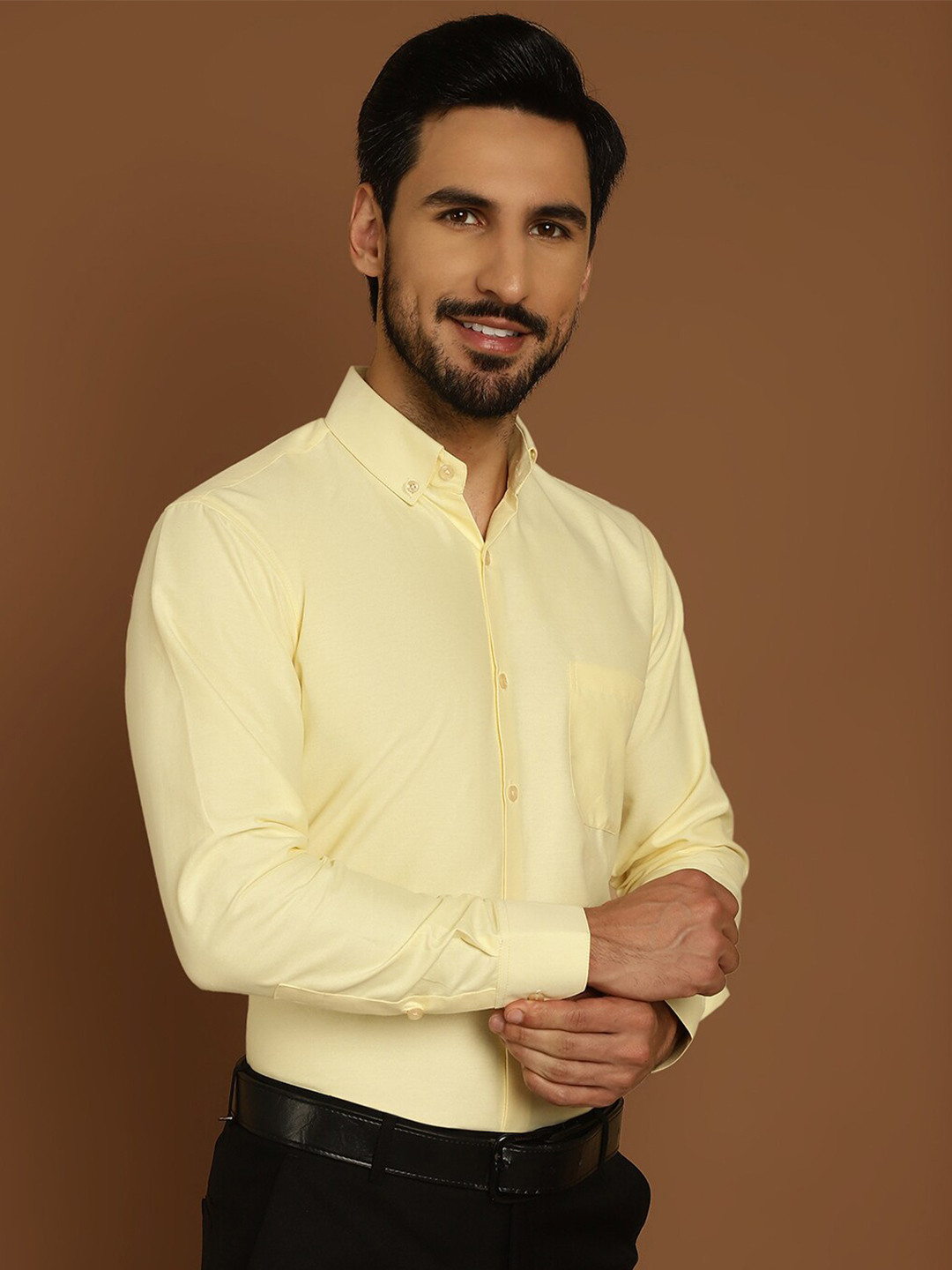

Indian Needle Button Down Collar Classic Opaque Cotton Formal Shirt, Yellow