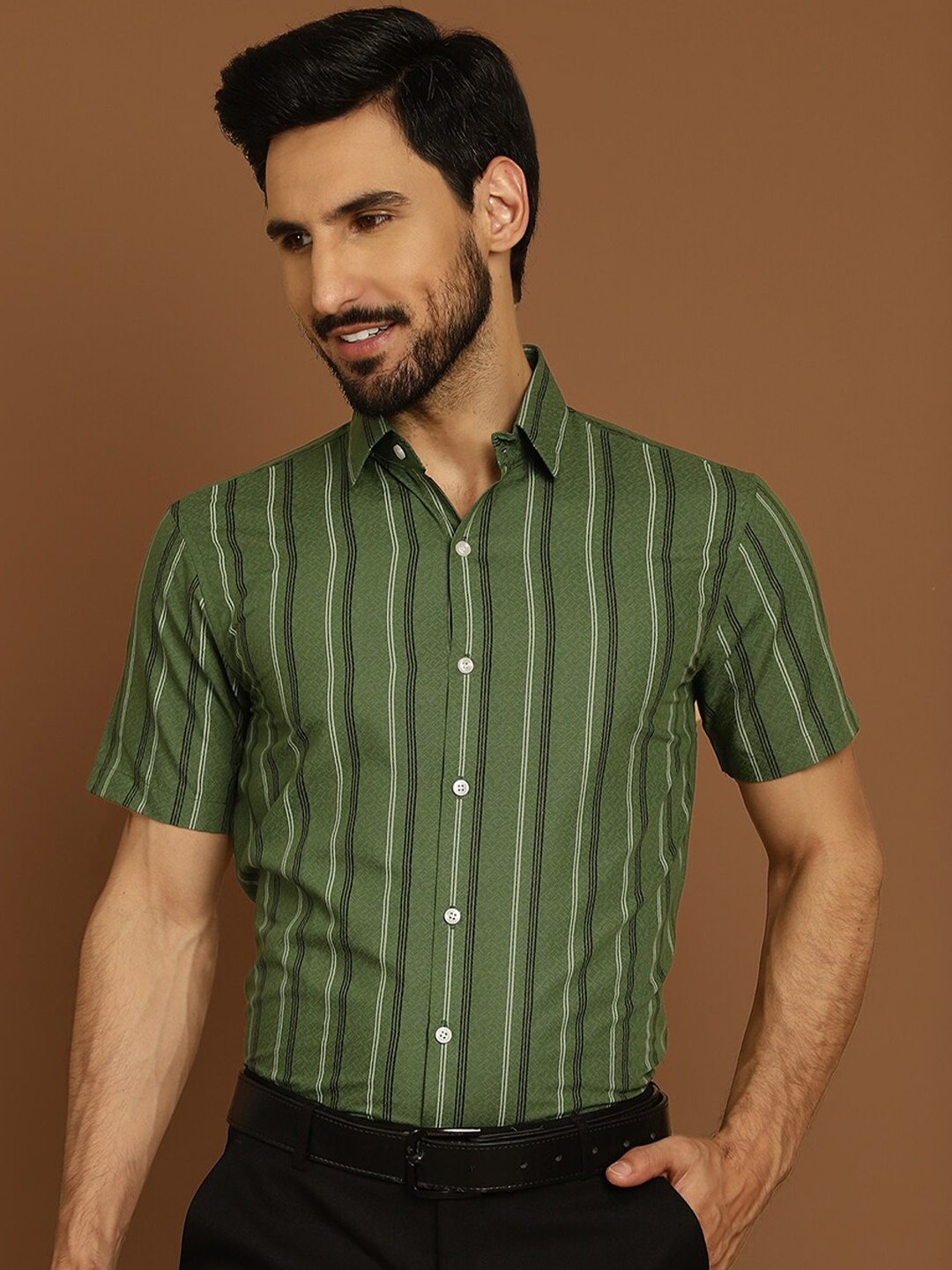 

Indian Needle Classic Regular Fit Vertical Striped Half Sleeve Cotton Formal Shirt, Olive